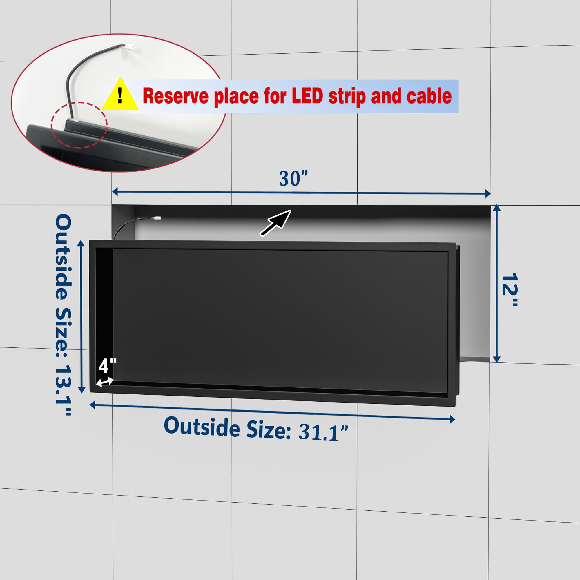 Neodrain Shower Niche, 30''X12'' Matte Black Wall Niche, Stainless Steel Wall Niche With Non-Dimmable Led Light, No Tile Needed