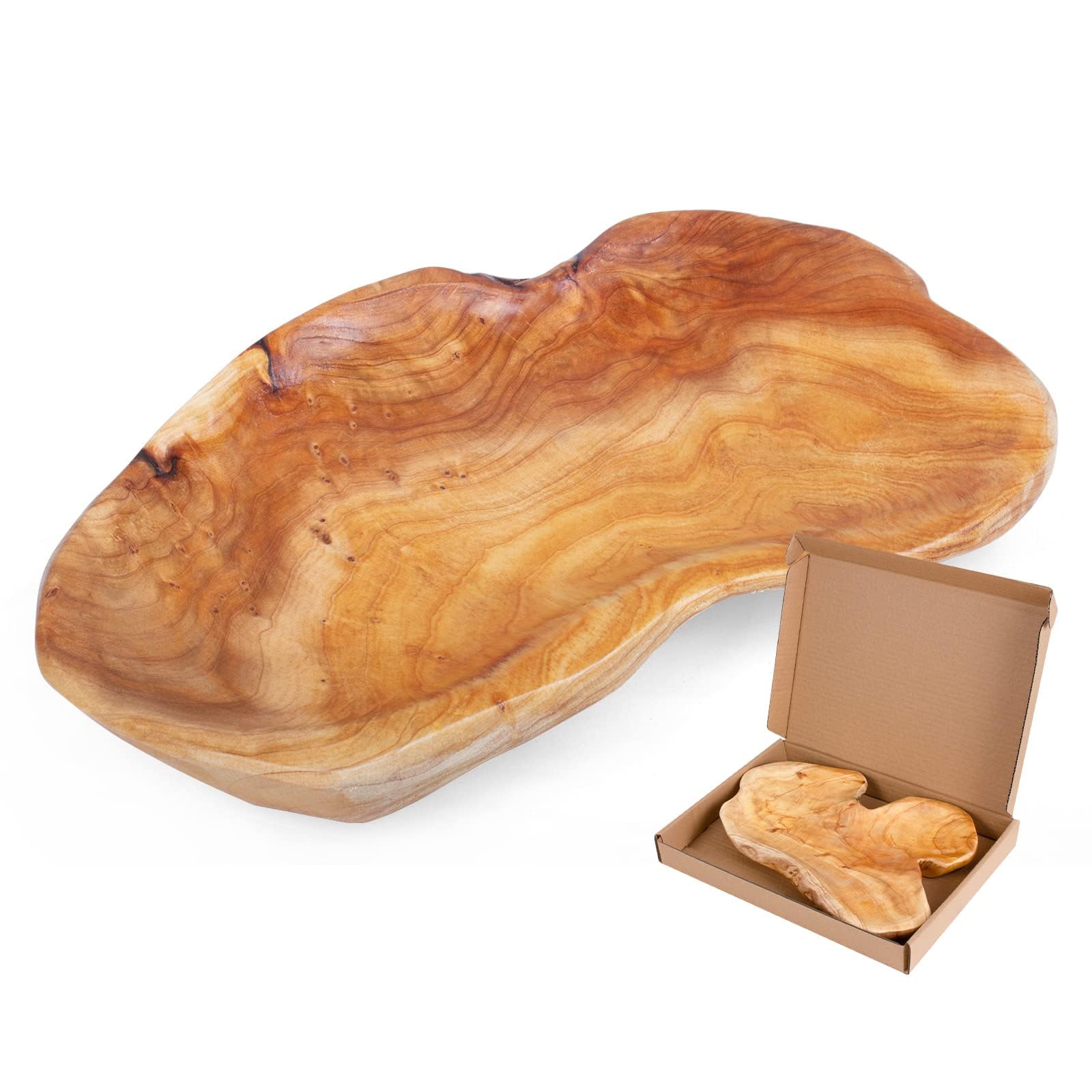 BTEOBFY Natural Wood Fruit Bowl 11-13 inch  Unique Handmade Wood Serving Platter  Wood Fruit Snack Dish for Sandwich Bread Serving  Appetizer Display  Vintage Ring Dish  Hand Carved Artworks