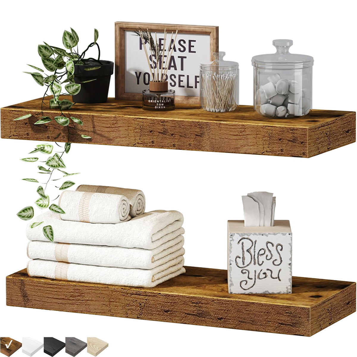 Qeeig Bathroom Floating Shelves For Wall - Shelf Over Toilet Small Wall Mounted Farmhouse Decor 16 Inch Set Of 2, Rustic Brown (