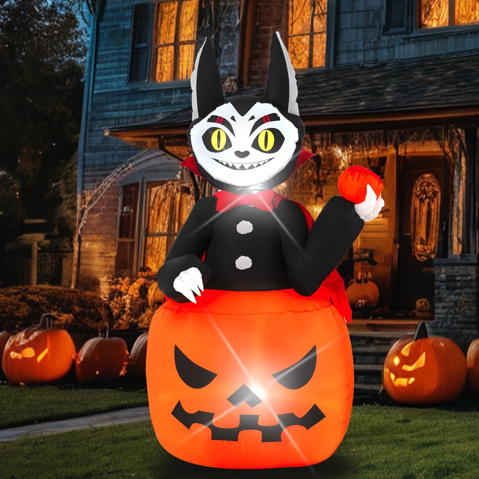 Halloween Inflatable, SHDEJTG 6FT Pumpkin Cat Inflatable Decoration with LED Lights Built-in for Outdoor, Holiday, Party, Yard, 