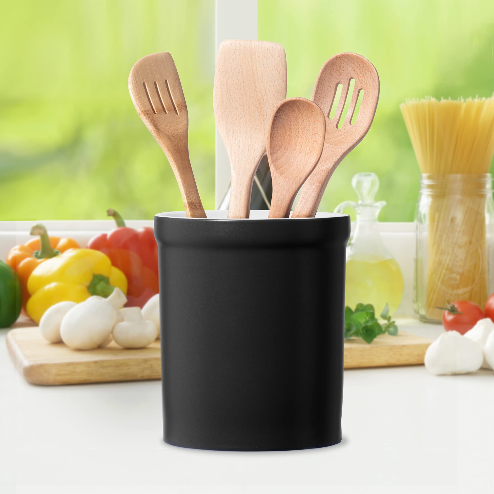 Oggi Ceramic Kitchen Utensil Holder- Utensil Holder For Countertop, Utensil Crock, Kitchen Organizer, Kitchen Decor, Black Kitch