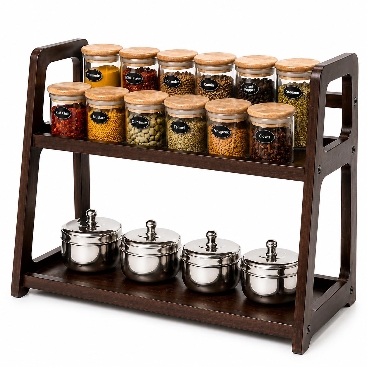 Deligno Mart 2 Tier Wooden Kitchen Organizer Rack For Countertop | Spice Jar Storage Shelf | Countertop Kitchen Rack 45X20X40 Cm