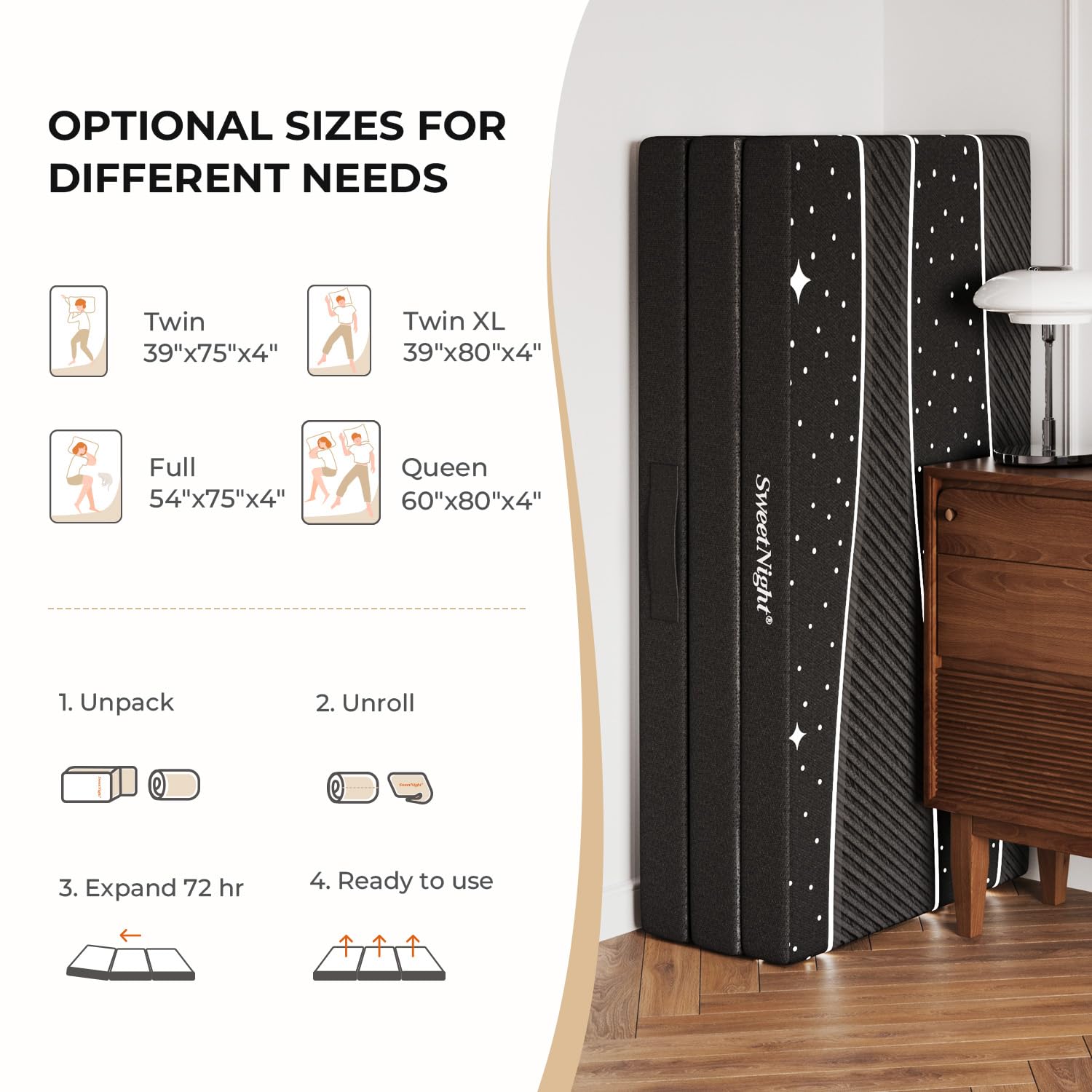 Sweetnight Folding Mattress - 4-Inch Twin Tri-Fold Mattress With Breathable & Washable Cover | Foldable Mattress Guest Bed For C