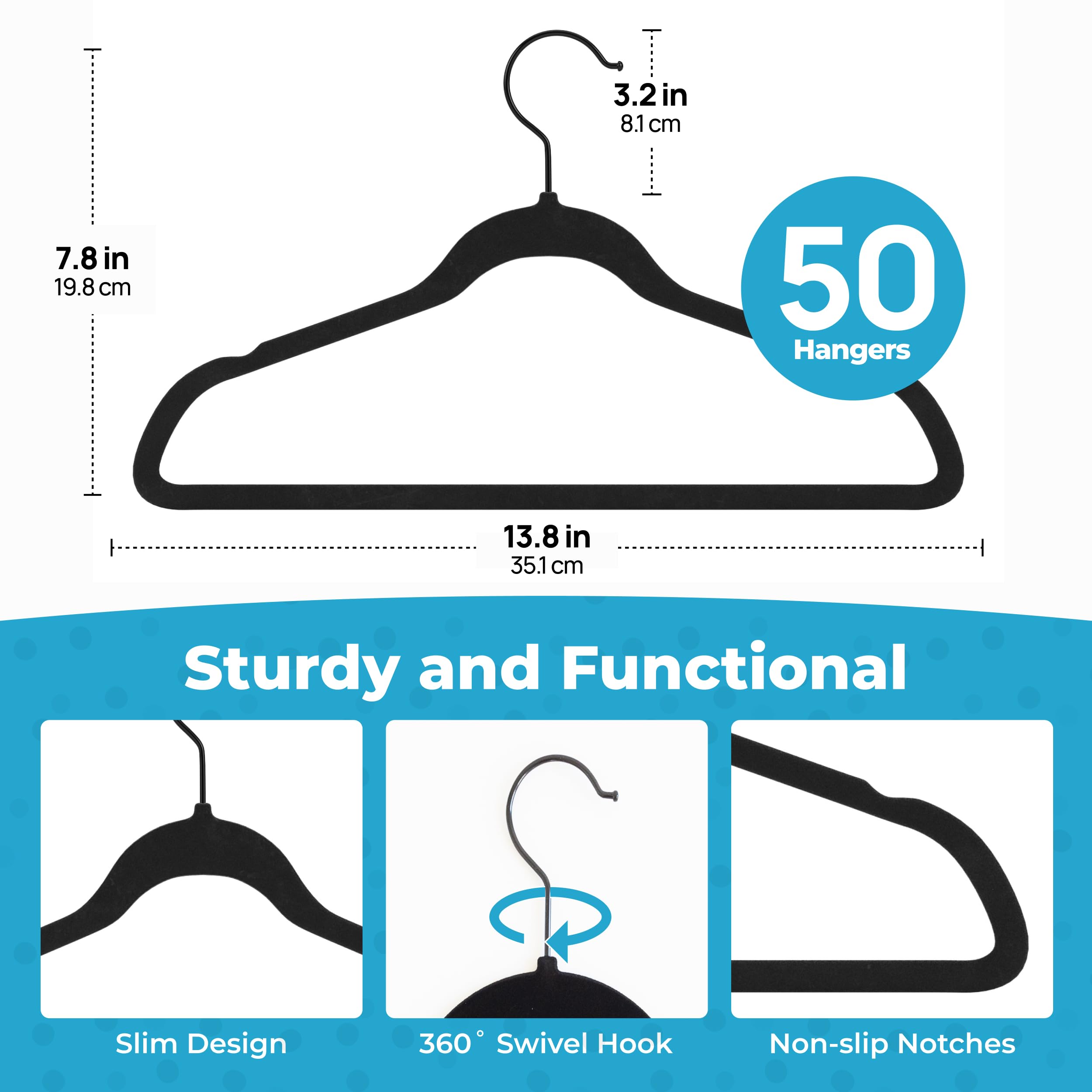Fontaines Luxury Kid'S Black Velvet Felt Non Slip Clothes Hangers 50 Pack - Ultra Slim & Space Saving - Heavy Duty Swivel Black