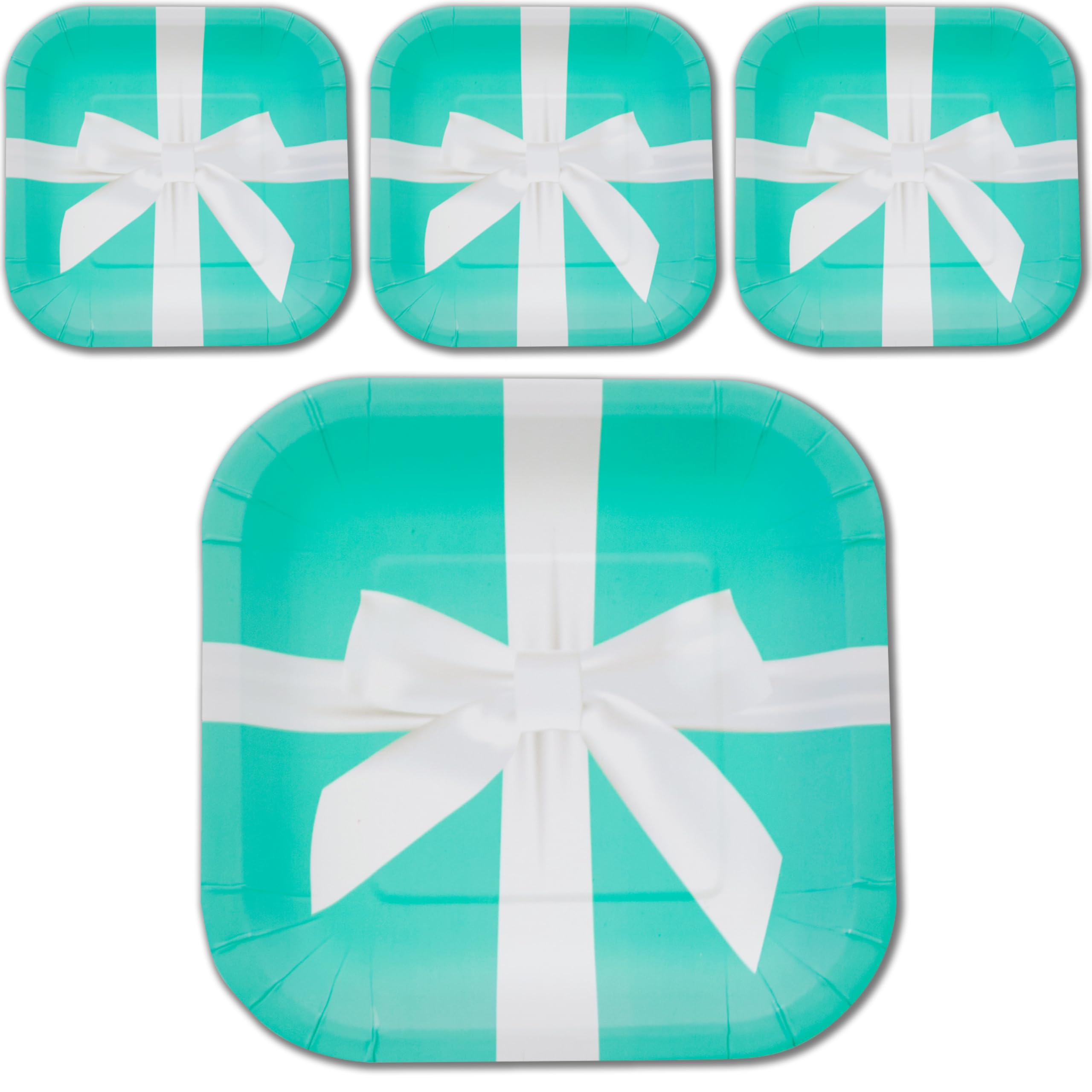 Havercamp Iconic Turquoise Jewelry Box Plates (24 Pcs)! With Stunning Satin Bow. 7In. Square, Heavy Duty Paper Dessert Plates