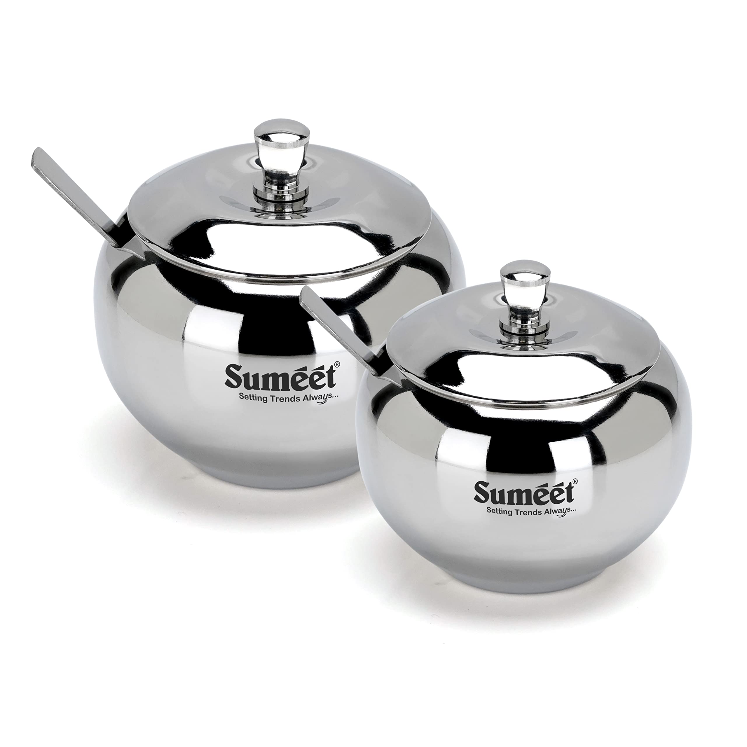 Sumeet Stainless Steel Ghee And Oil Pot  Storage Container With Spoon For Kitchen  7.5Cm & 8.5Cm Dia  170Ml & 230Ml -(Pack Of 2)  Silver