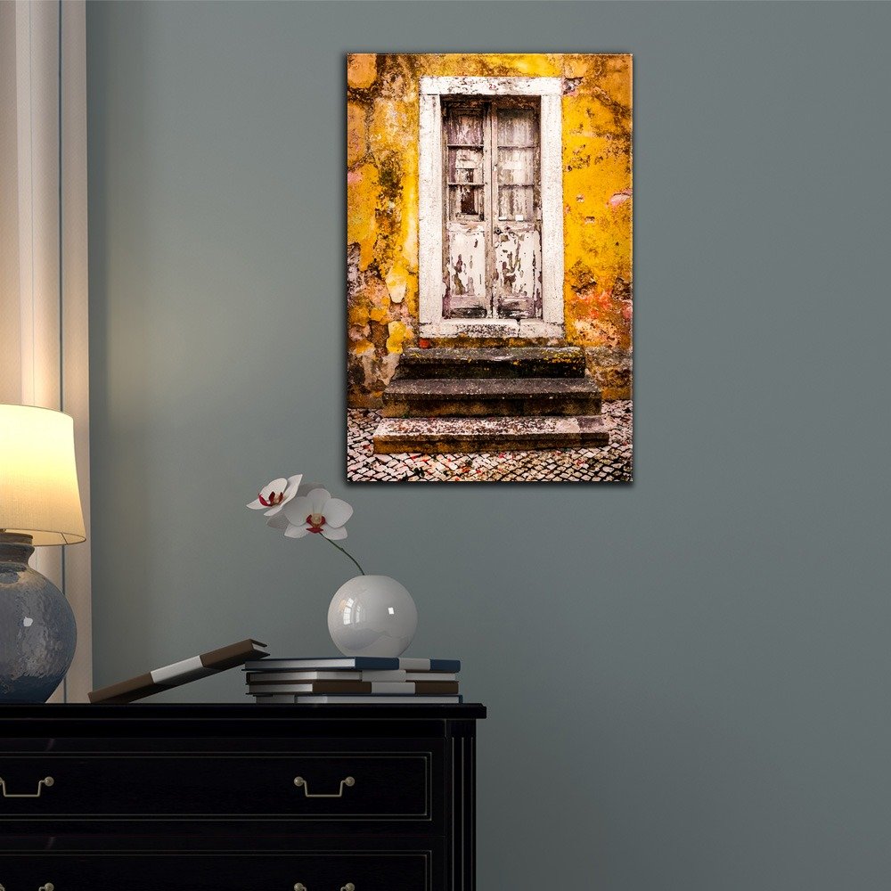 Wall26 - Doors Canvas Wall Art - Door And Stair Steps In An Old Yellow House Ruin - Gallery Wrap Modern Home Art | Ready To Hang
