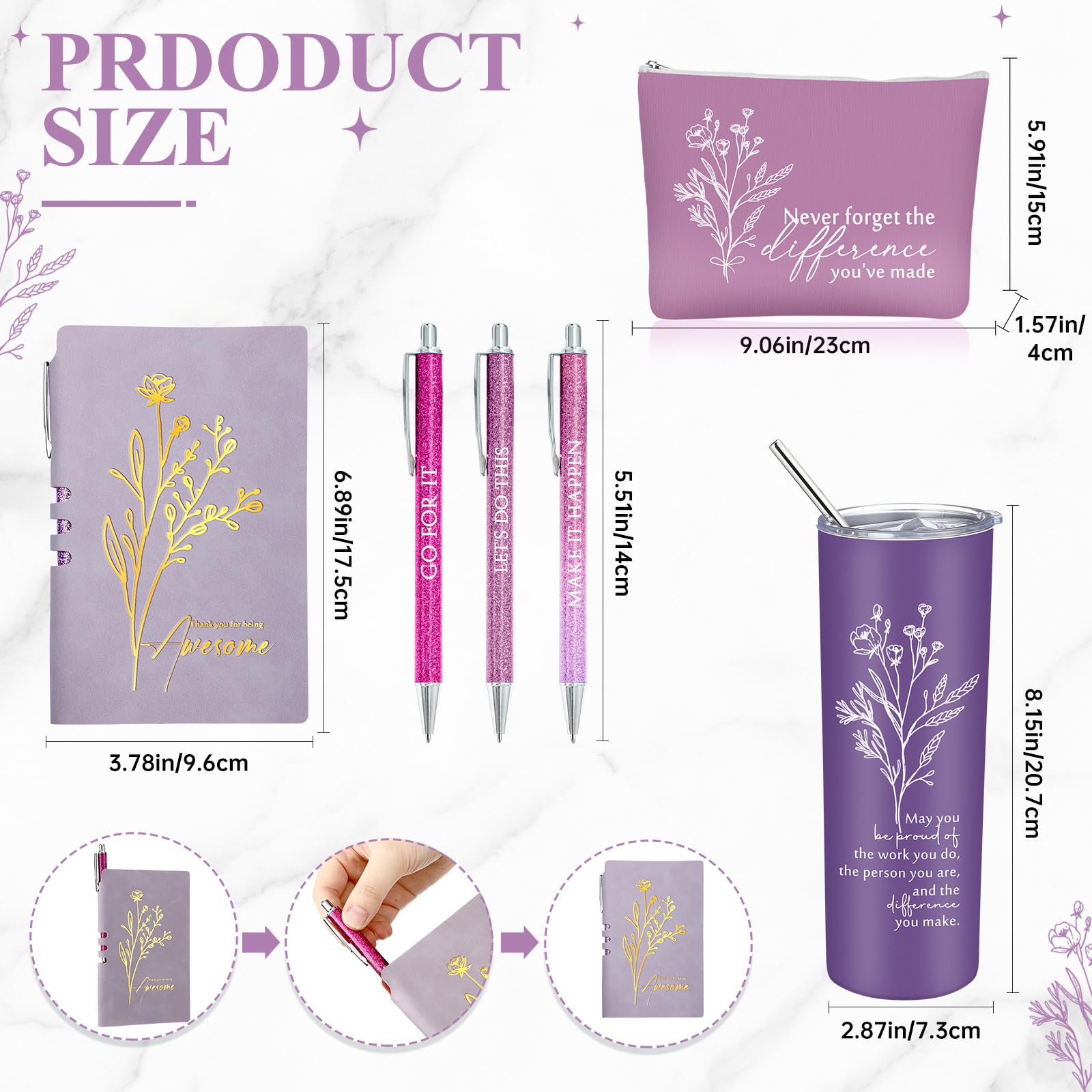 Funnymoom 6 Pcs Employee Appreciation Gift Thank You May You Be Proud 20 oz Boho Flower Tumbler Makeup Bag A6 Leather Journal Ba