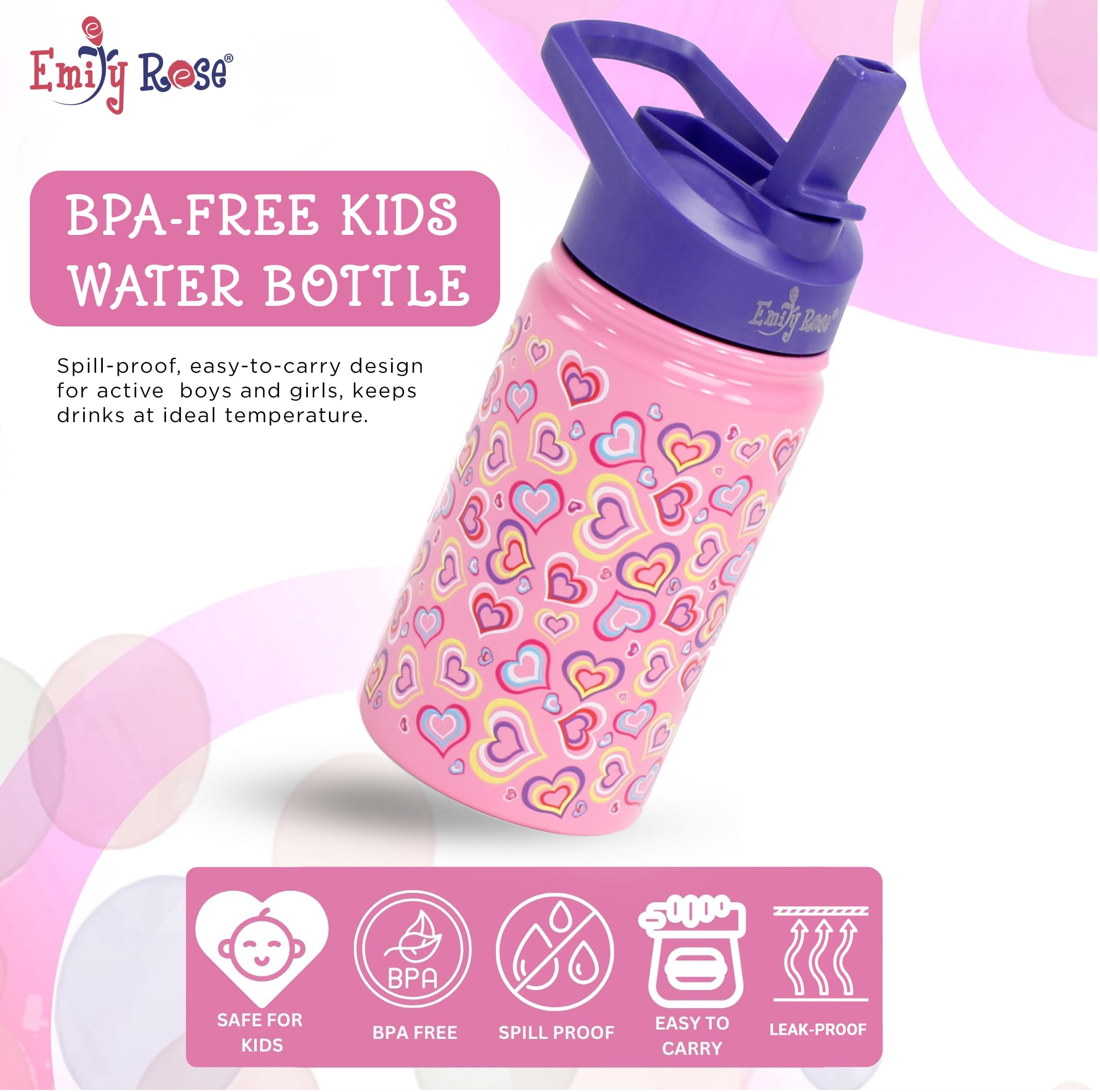 Emily Rose Kids Water Bottle | 12 Ounce Insulated Girls Kid Water Bottle | Bpa Free Stainless Steel Bottle For Travel And School
