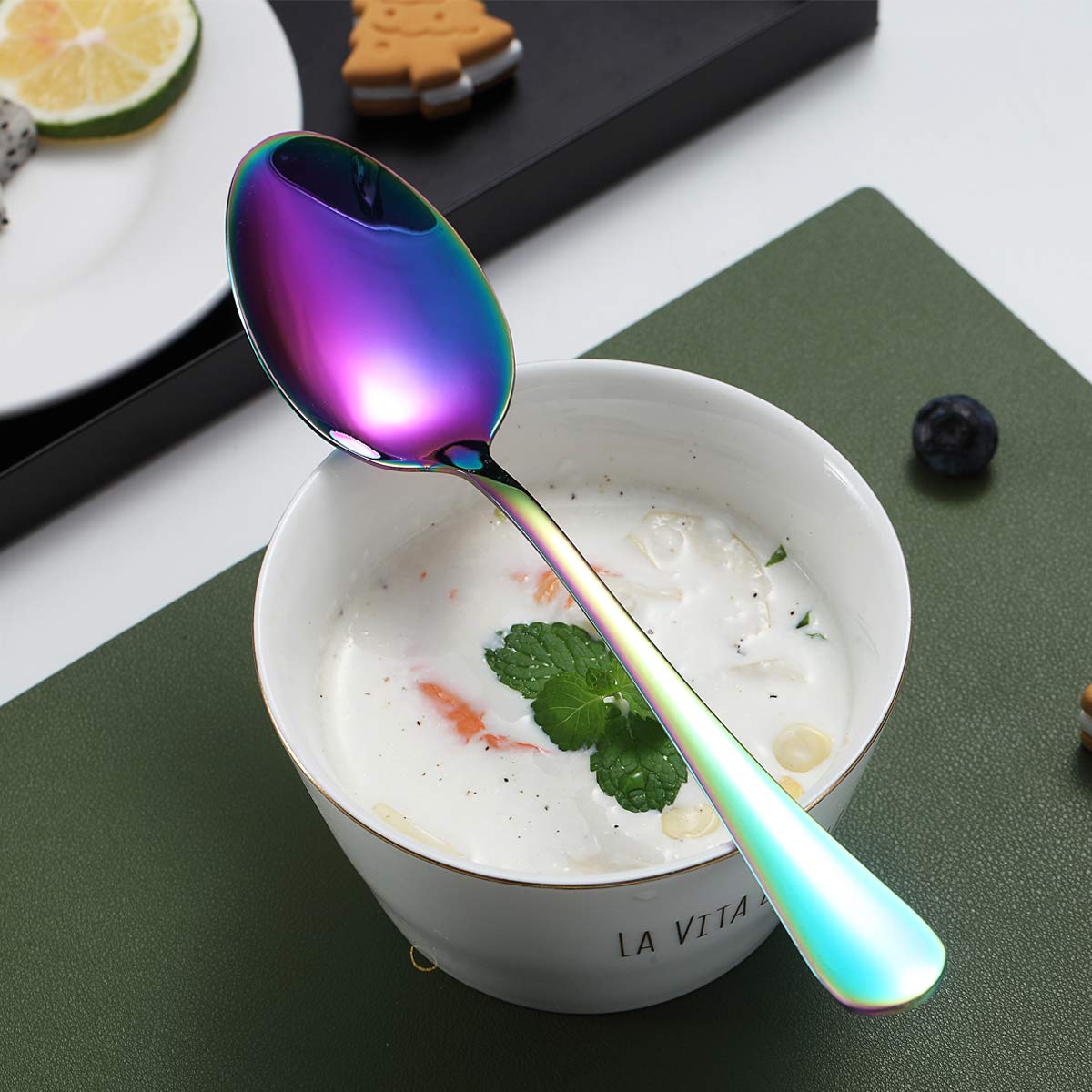 Rainbow Dinner Spoons, Kyraton 6 Pieces 7.5'' Stainless Steel Table Spoon With Titanium Colorful Plating, Rainbow Soup Spoons, D