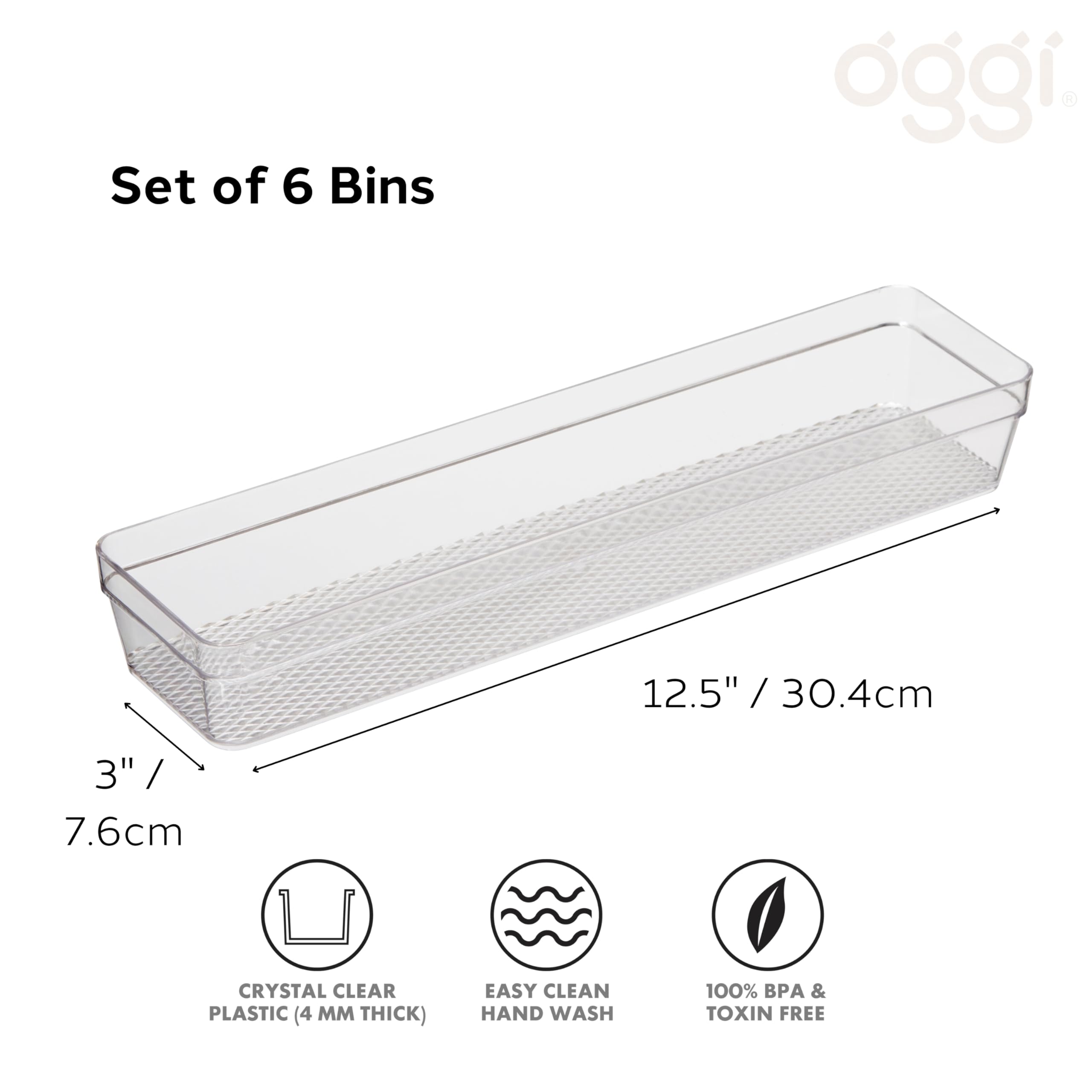 Oggi Clear Drawer Organizer - 3'' X 12.5'' (Set Of 6) - Ideal For Organizing Kitchen Drawers, Office, Desk, Silverware, Kitchen