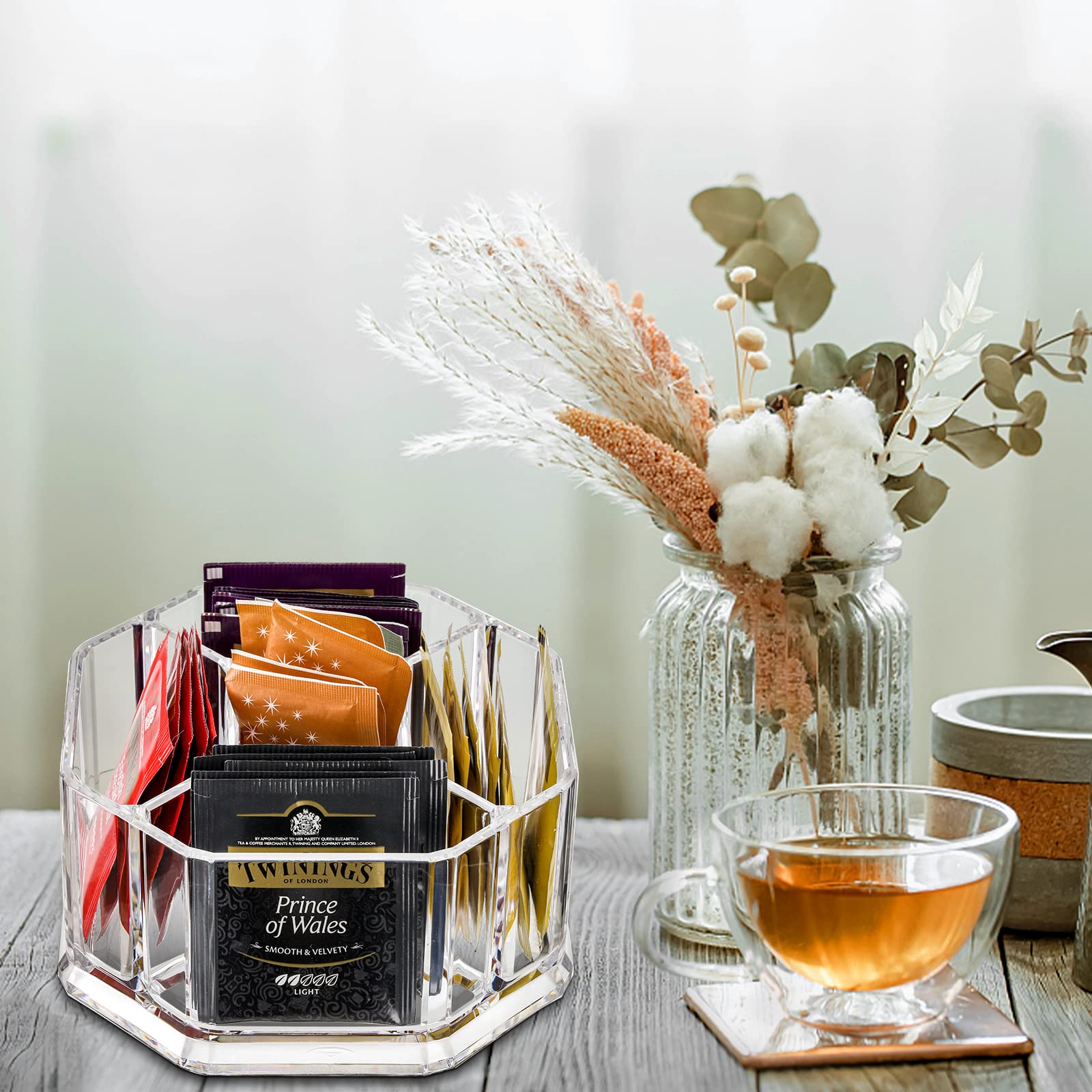 Hiceeden Acrylic Tea Bag Organizer, 5 Compartment Sugar Packets Holder Divided Coffee Condiment Storage Caddy Box For Kitchen Ca