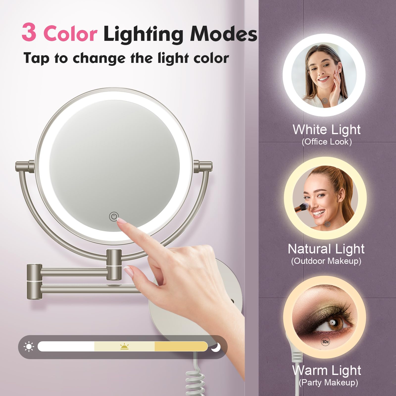 Fascinate Upgraded Wall Mounted Makeup Mirror With Lights, Super Large Double Sided 1X/10X Magnifying Mirror For Bathroom, 360 S