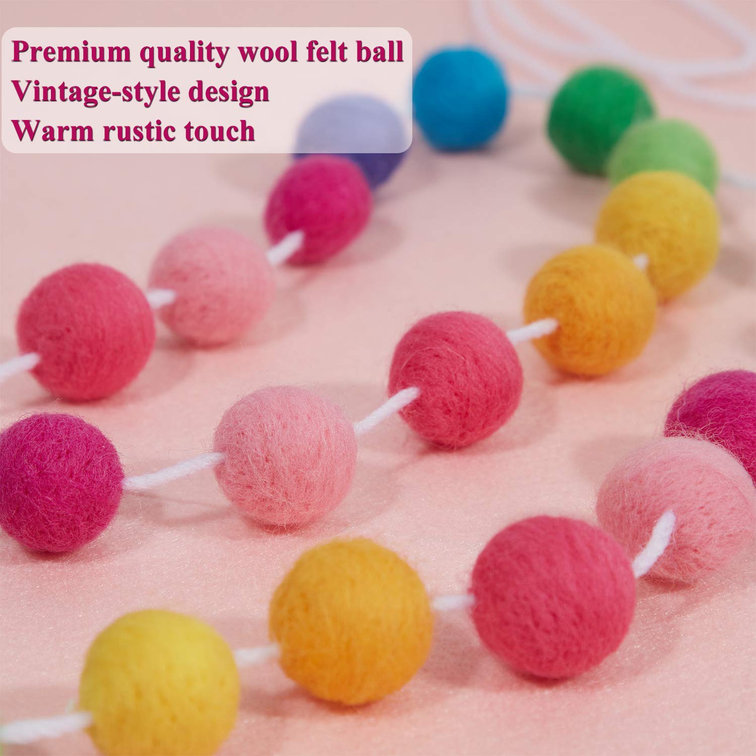 Boao 3 Pieces Wool Felt Ball Garland Colorful Pom Pom Garland Handmade 6.5 Feet Long 24 Balls Felt Ball Garlands For Wall Christ