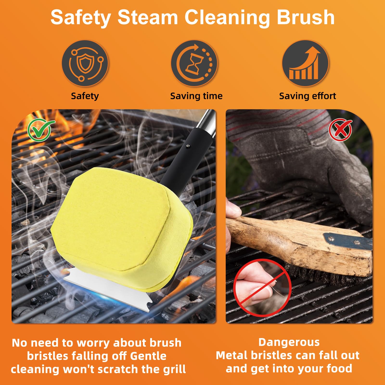 MUYFIO Grill Brush Bristle Free with 2 Replacement Heads, Safe Steam BBQ Grill Brush and Scraper, Durable Grill Cleaner for Cast