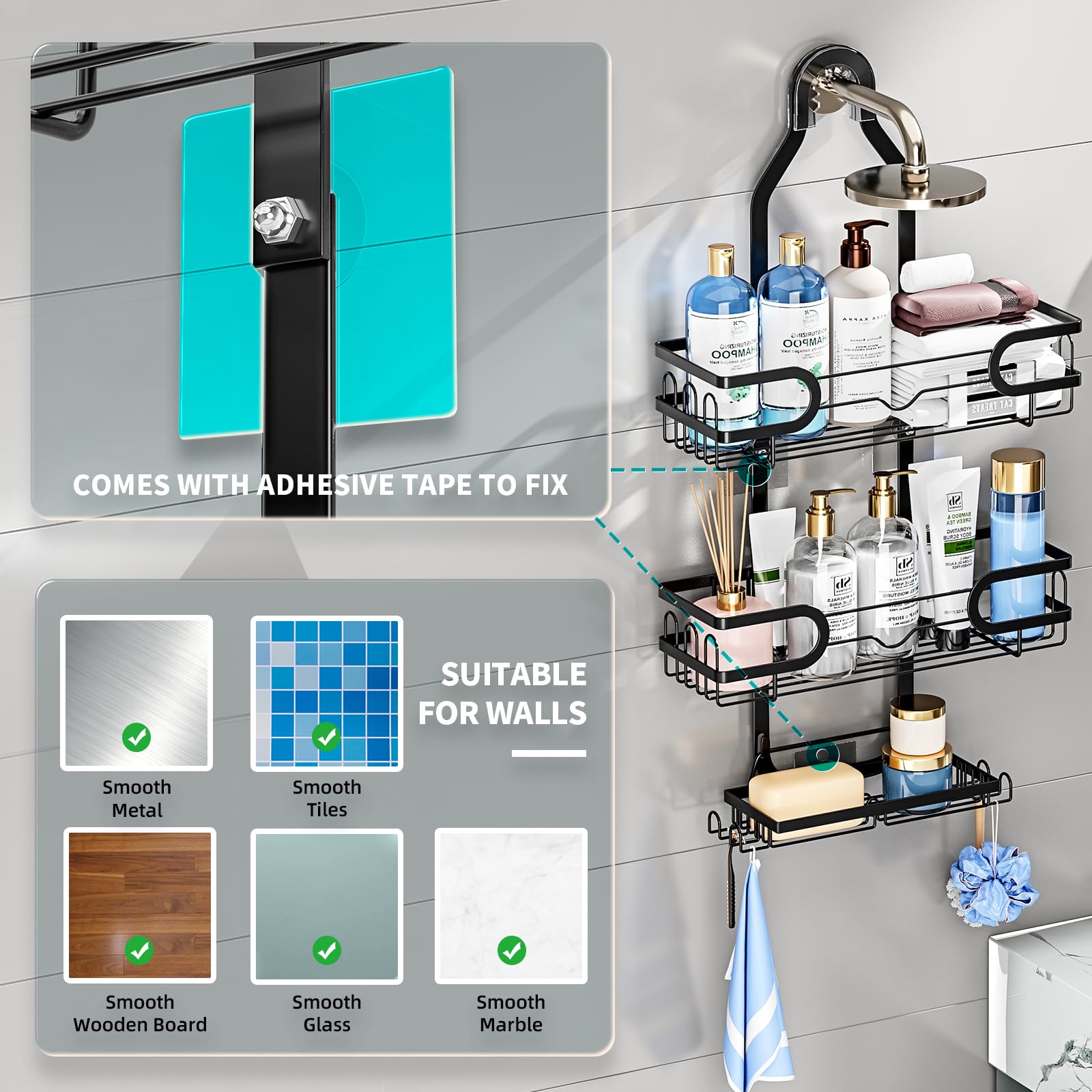 Gaokase Shower Caddy Over Shower Head Hanging, Shower Caddy With Removable Baskets, Bathroom Shower Organizer 3 Tier, Rustproof