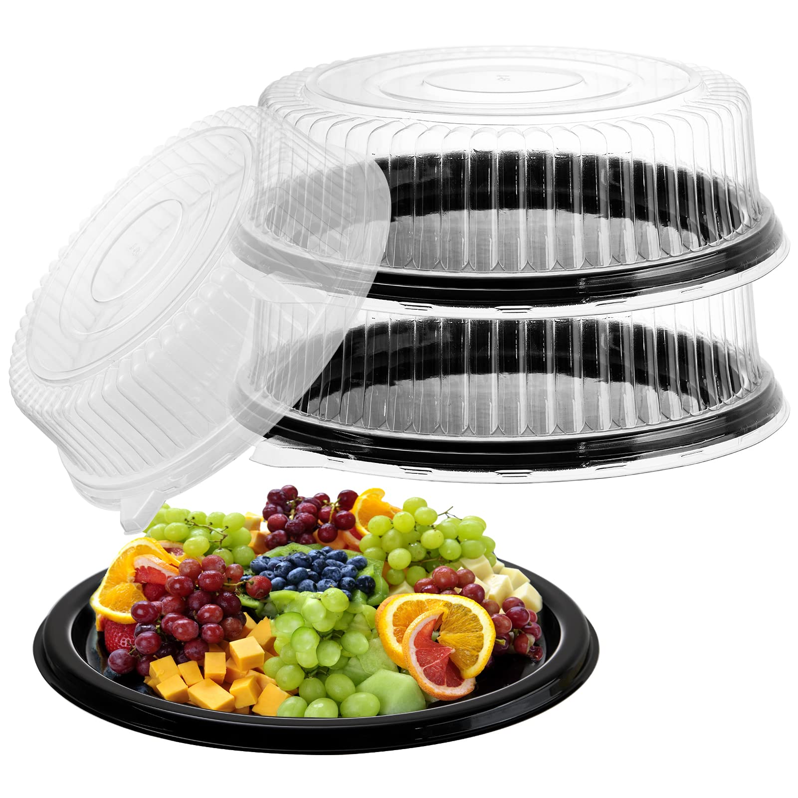Frcctre 12 Pack Plastic Serving Tray With Lid, 12'' Plastic Disposable Food Serving Platters With Clear Dome Lids, Stackable Rou