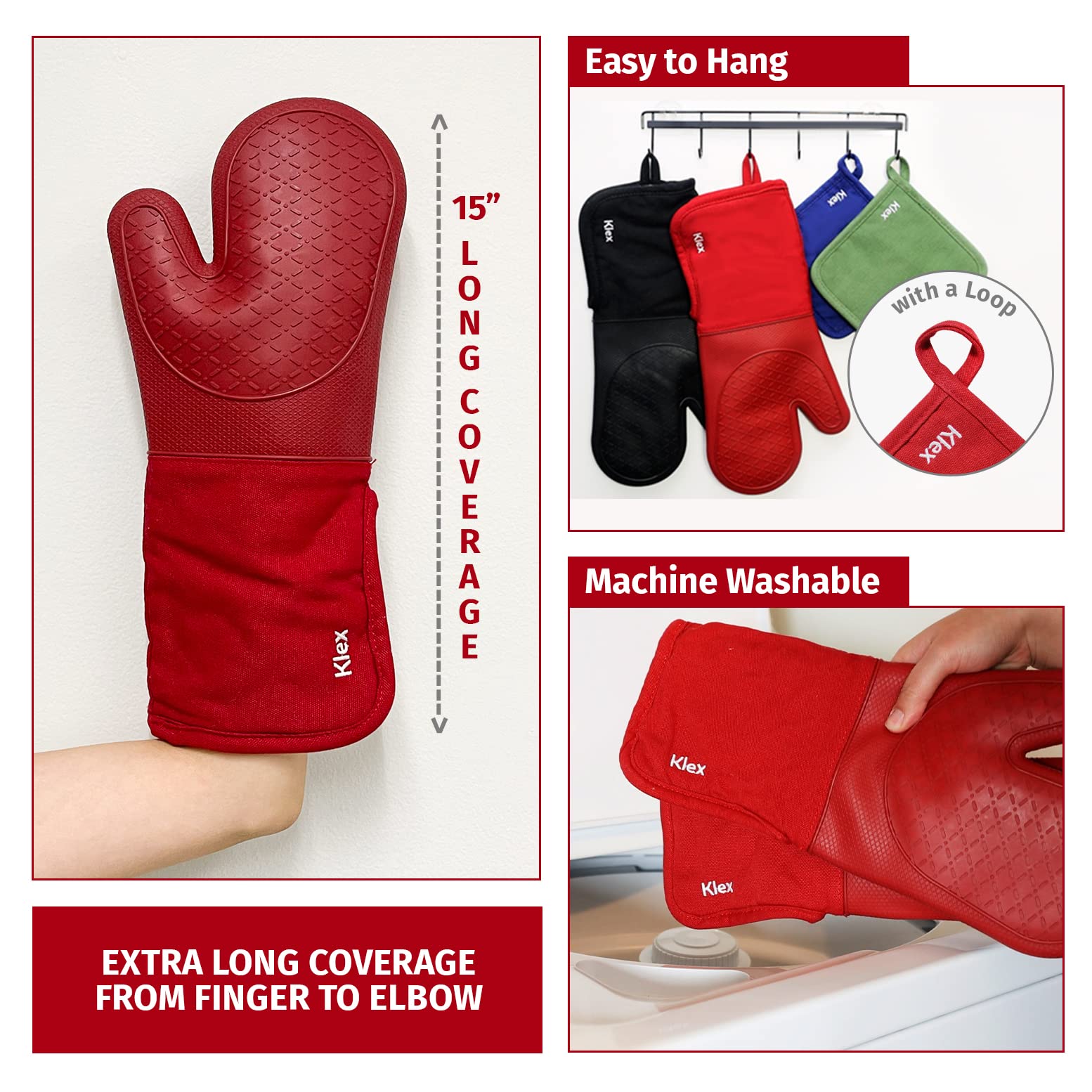 Klex Extra Long Silicone Oven Mitts, 932F Degrees Heat Resistance With Quilted Cotton Liner Oven Gloves, 2 Piece Set, 15 Inch, R