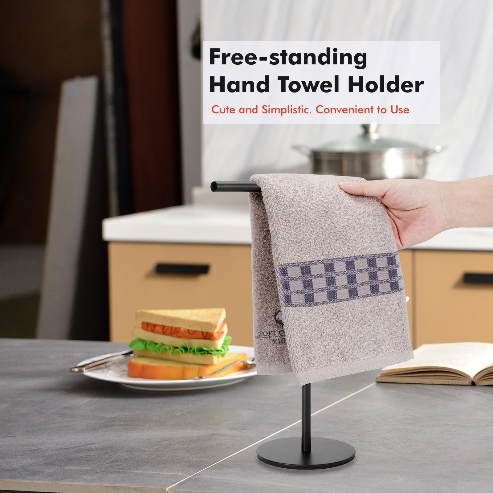 Exilon Black Hand Towel Holder Stand For Bathroom Vanity Countertop Stainless Steel T-Shape Freestanding Towel Rack Stand Towel