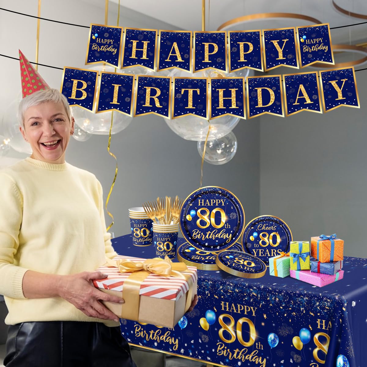 80Th Birthday Decoration Men-142Pcs Navy Blue And Gold Birthday Tableware Set(Serve For 20) Include Happy 80Th Birthday Banner P