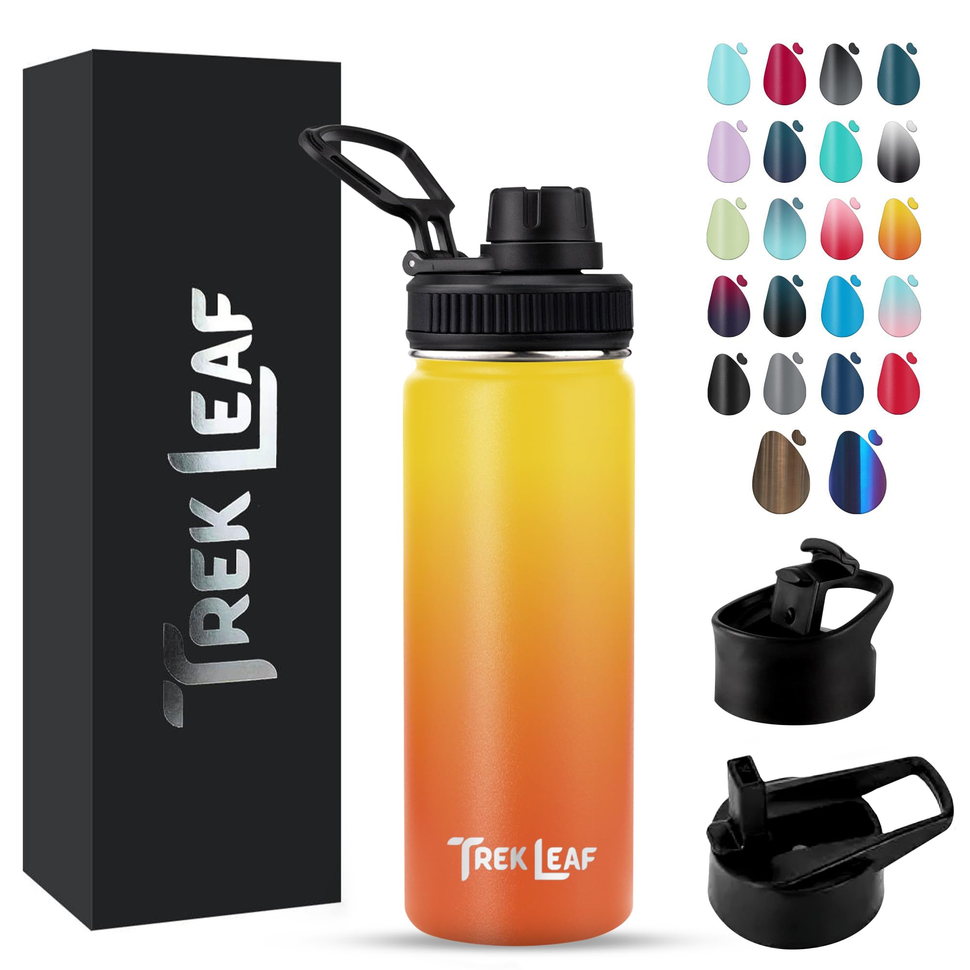 Trek Leaf Travel Water Bottle with 3 Lids (Spout, Straw, Flip) Leak Proof, Quality, Vacuum Insulated, Stainless Steel (Sunrise, 