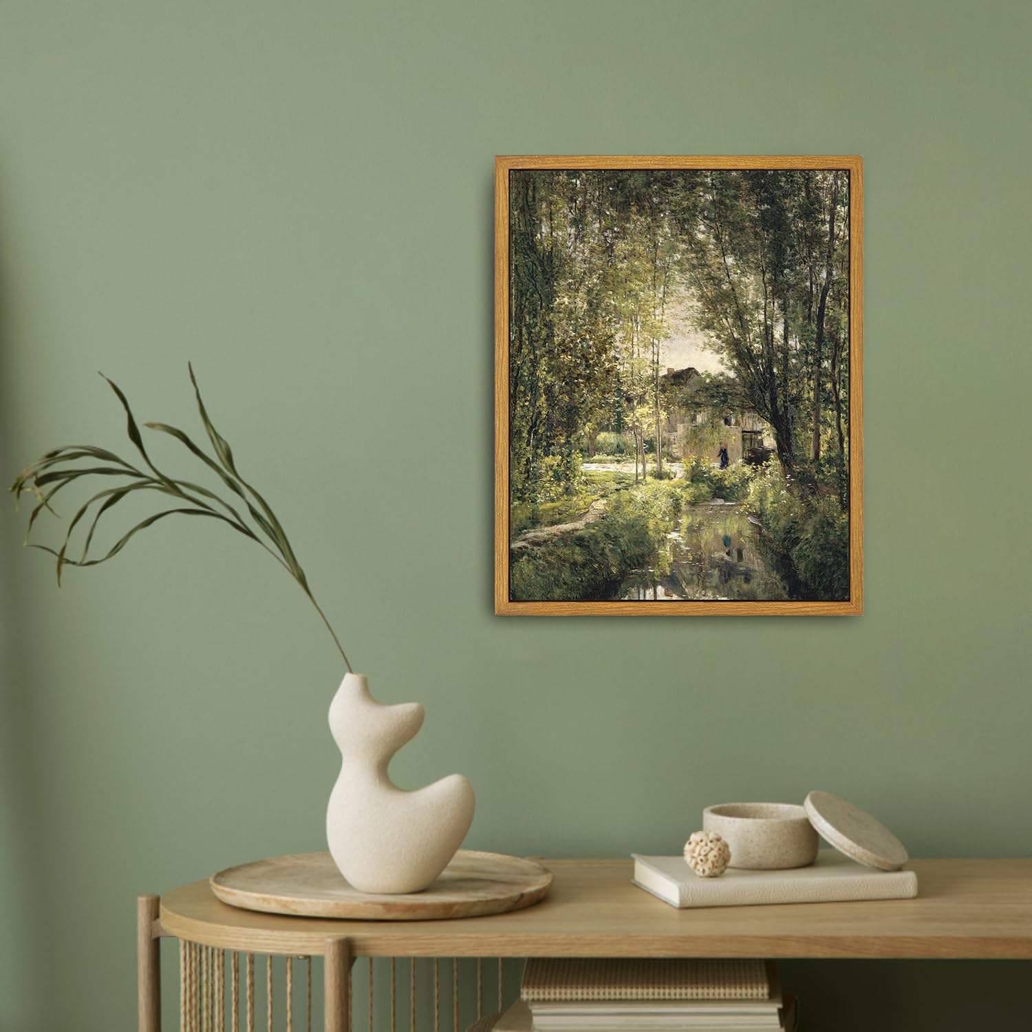 Roslynity Framed Canvas Wall Art Vintage Print Oil Paintings Landscape With A Sunlit Stream Country Rustic Summer Green French R