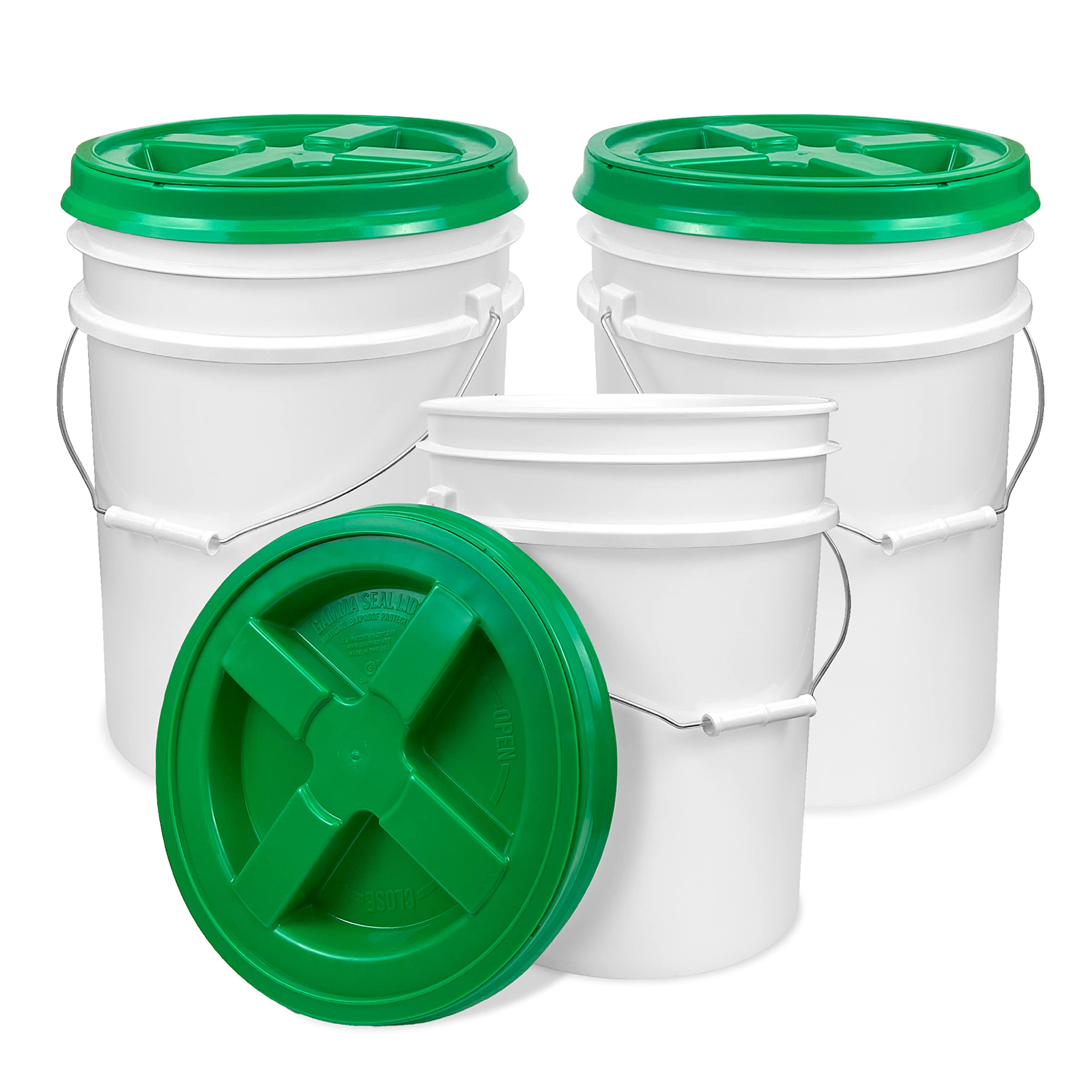 Epackagesupply, 5 Gallon White Bucket With Green Gamma Seal Screw On Airtight Lid (3 Count), Food Grade Storage, Premium Hpde Pl