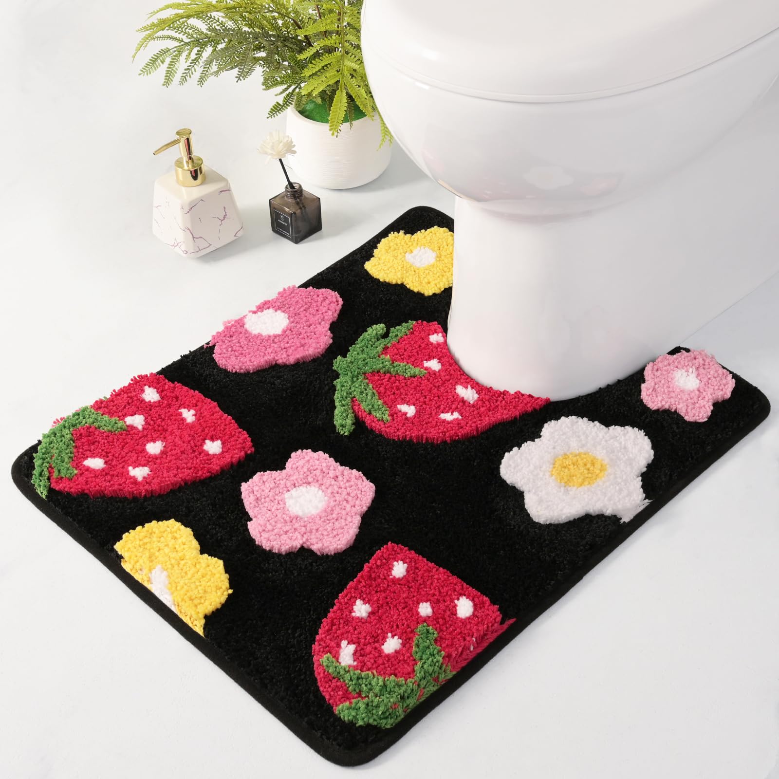 Anybar Black Toilet Rugs U Shaped, Cute Strawberry Flower Bathroom Contour Toilet Mats,Extra Soft Absorbent Toilet Carpet Bathro