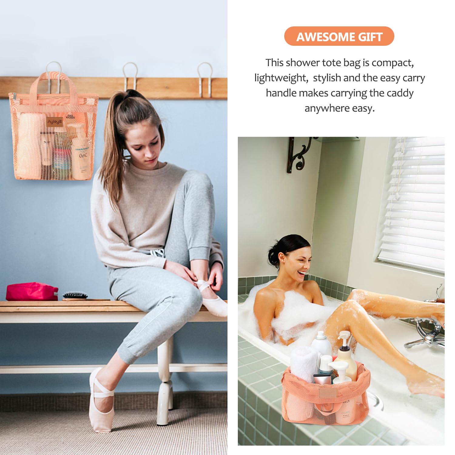 1 Pcs Portable Shower Mesh Caddy Bag Quick Dry Hanging Toiletry and Bath Organizer for Travel and Swimming with Zipper (Coral powder)