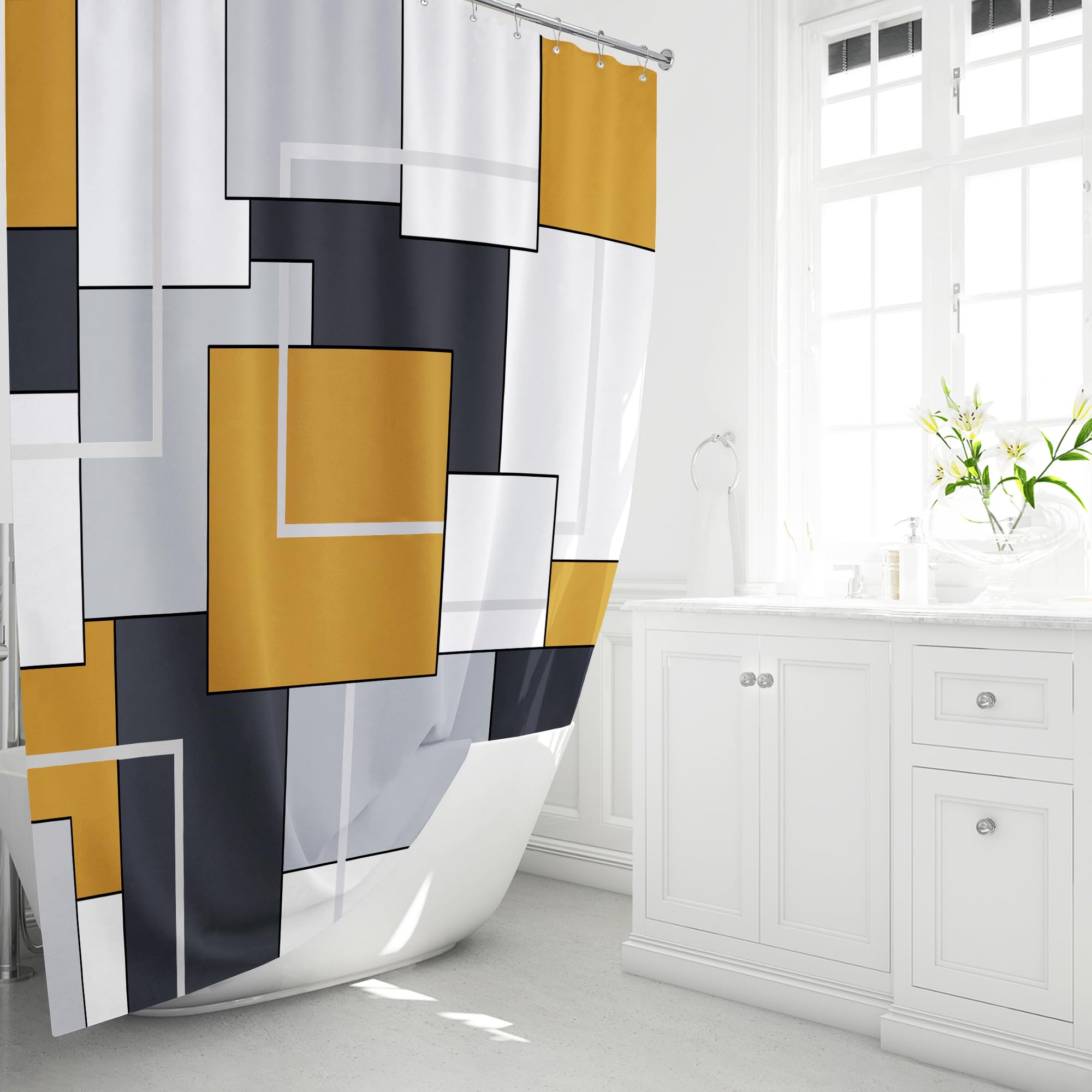 BTTN Gold Fabric Shower Curtain - Geometric Shower Curtain Set with 12 Plastic Hooks  Water Repellent  Machine Washable  Modern Decorative Polyester Cloth Shower Curtains for Bathroom - 72x72