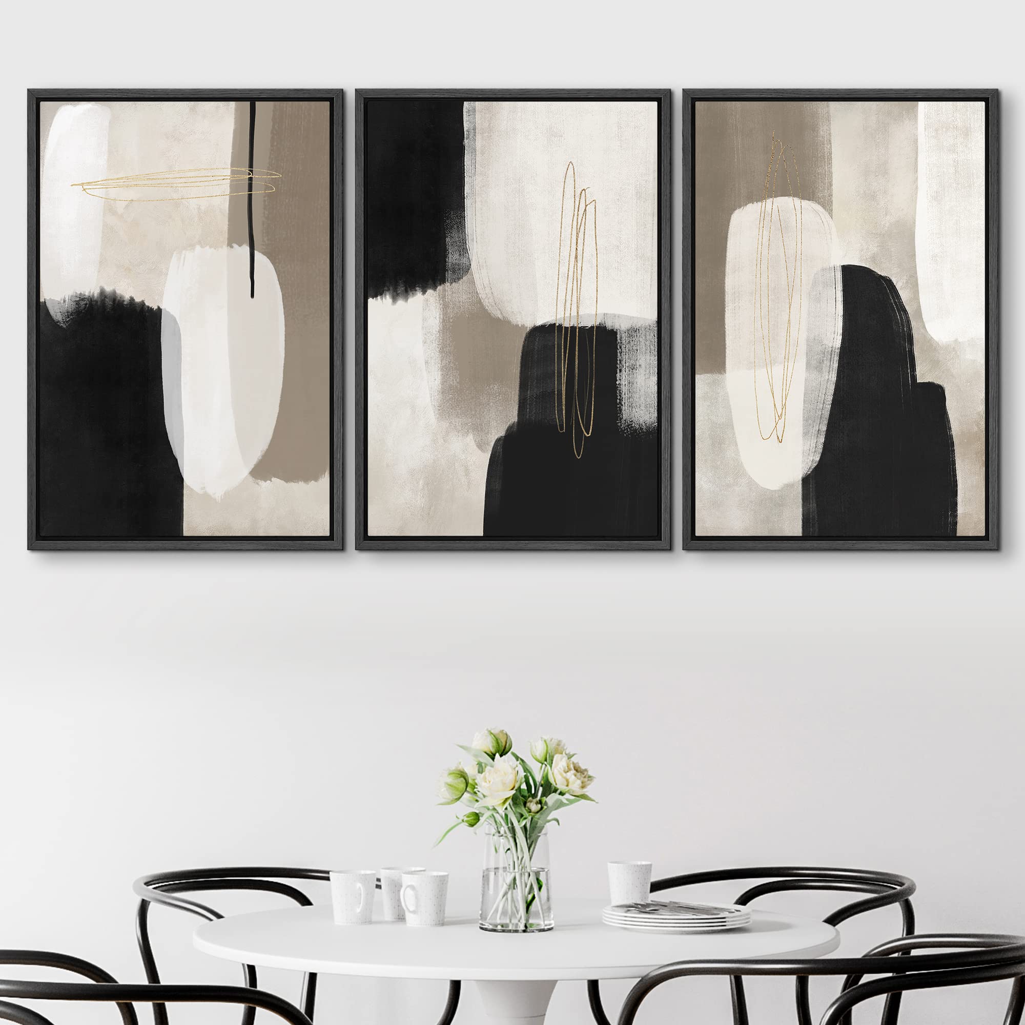 Signford Framed Canvas Print Wall Art Set Black & Gray Pastel Paint Stroke Collage Abstract Shapes Digital Art Modern Art Decora