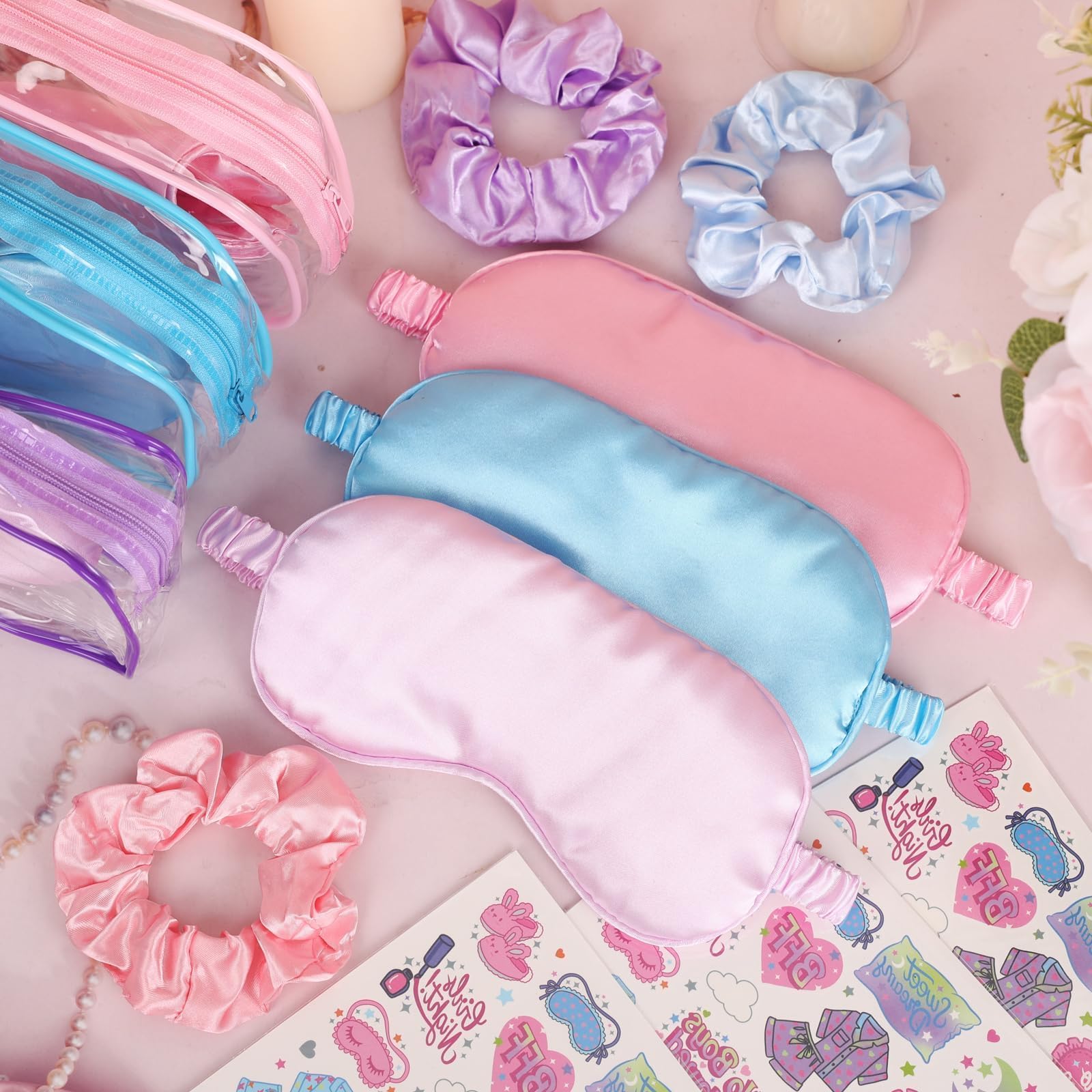 YLOLUL 24 Pcs Spa Sleepover Party Supplies for Girls Makeup Party Favor with Hair Scrunchies Clear Cosmetic Bags Eye Masks Sleep