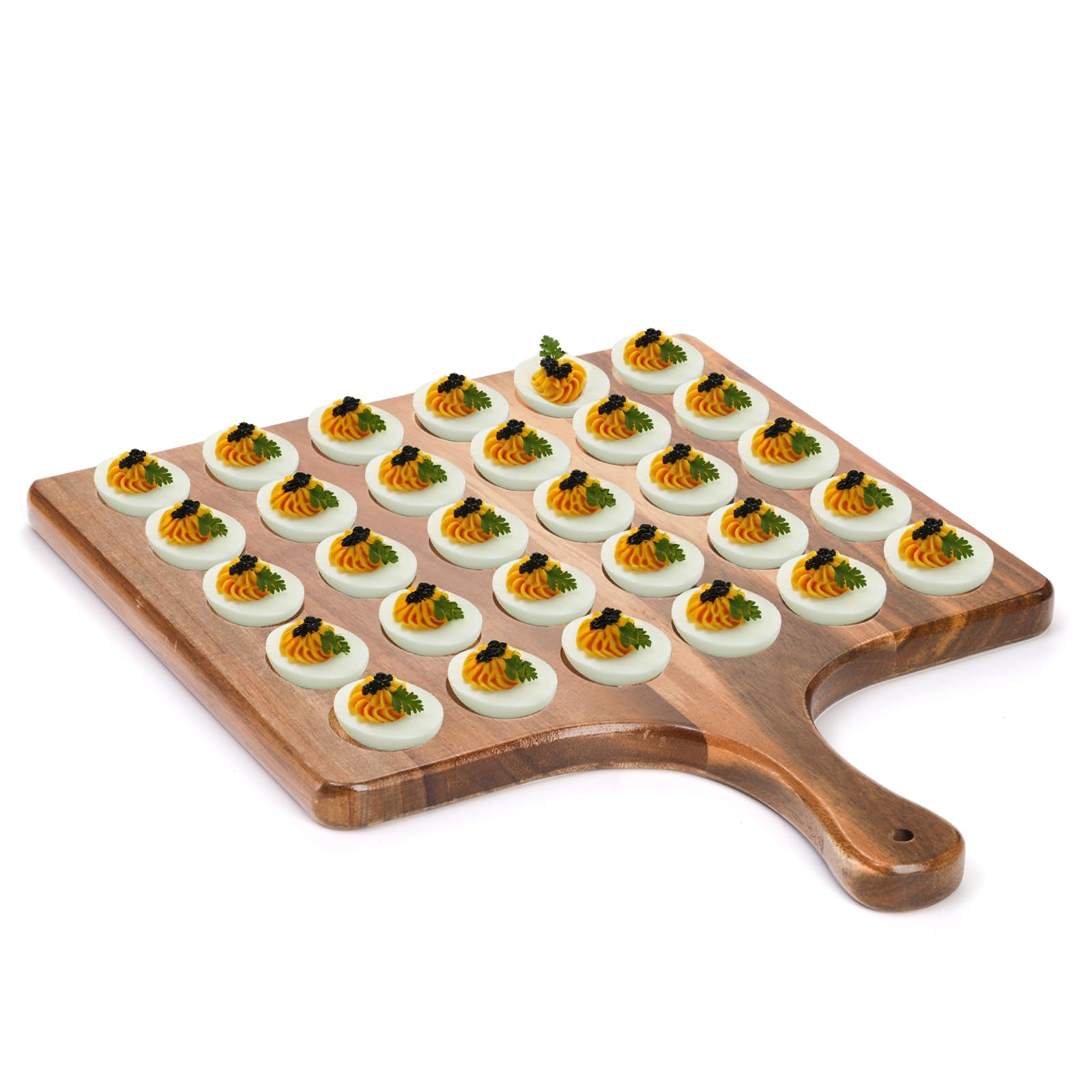 Okllen 30 Holes Reversible Wooden Deviled Egg Platter with Handle, Acacia Wood Deviled Egg Tray Charcuterie Board, Deviled Egg H