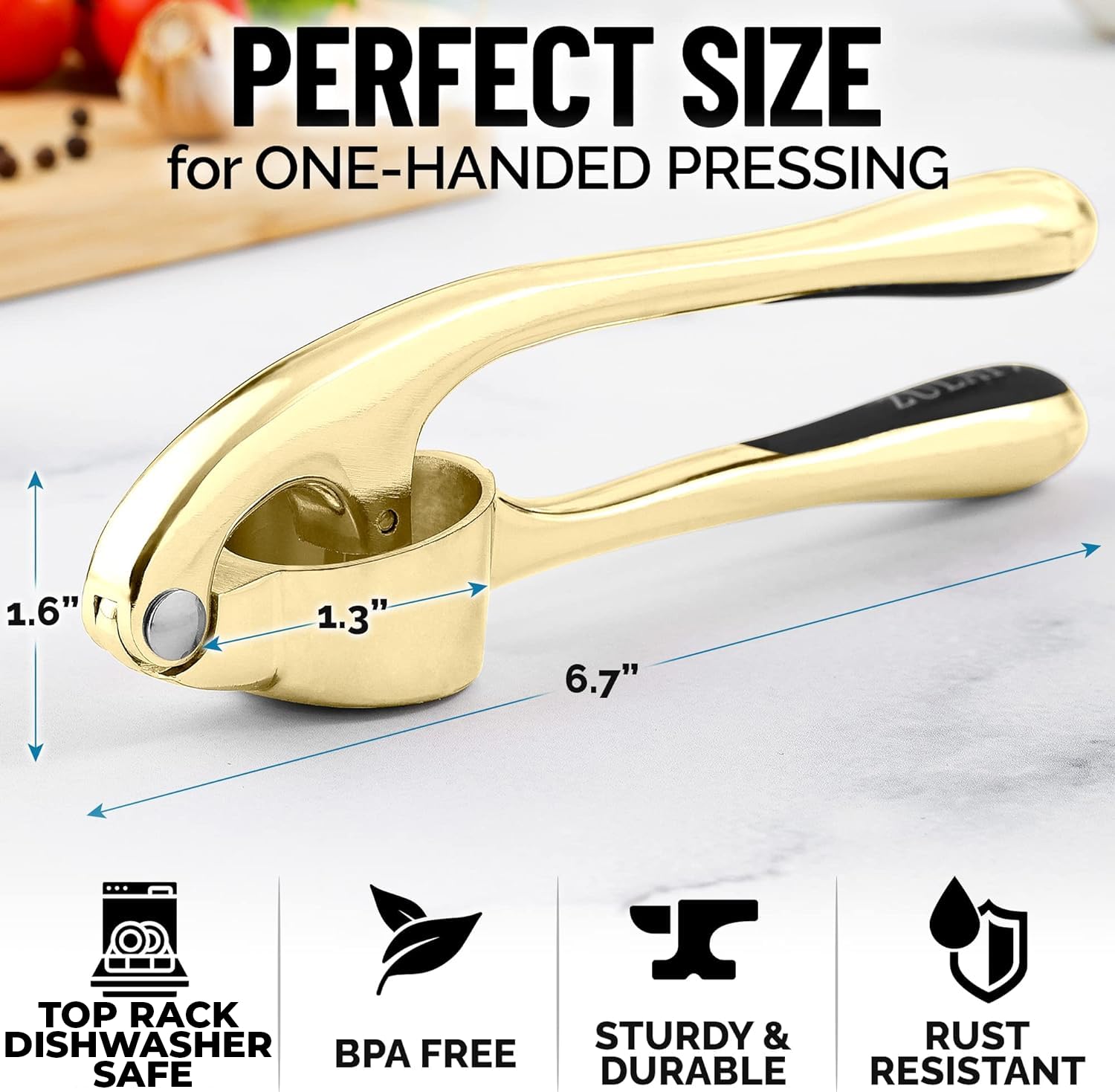 Zulay Kitchen Premium Garlic Press With Soft, Easy To Squeeze Handle - Includes Silicone Garlic Peeler & Cleaning Brush - 3 Piec