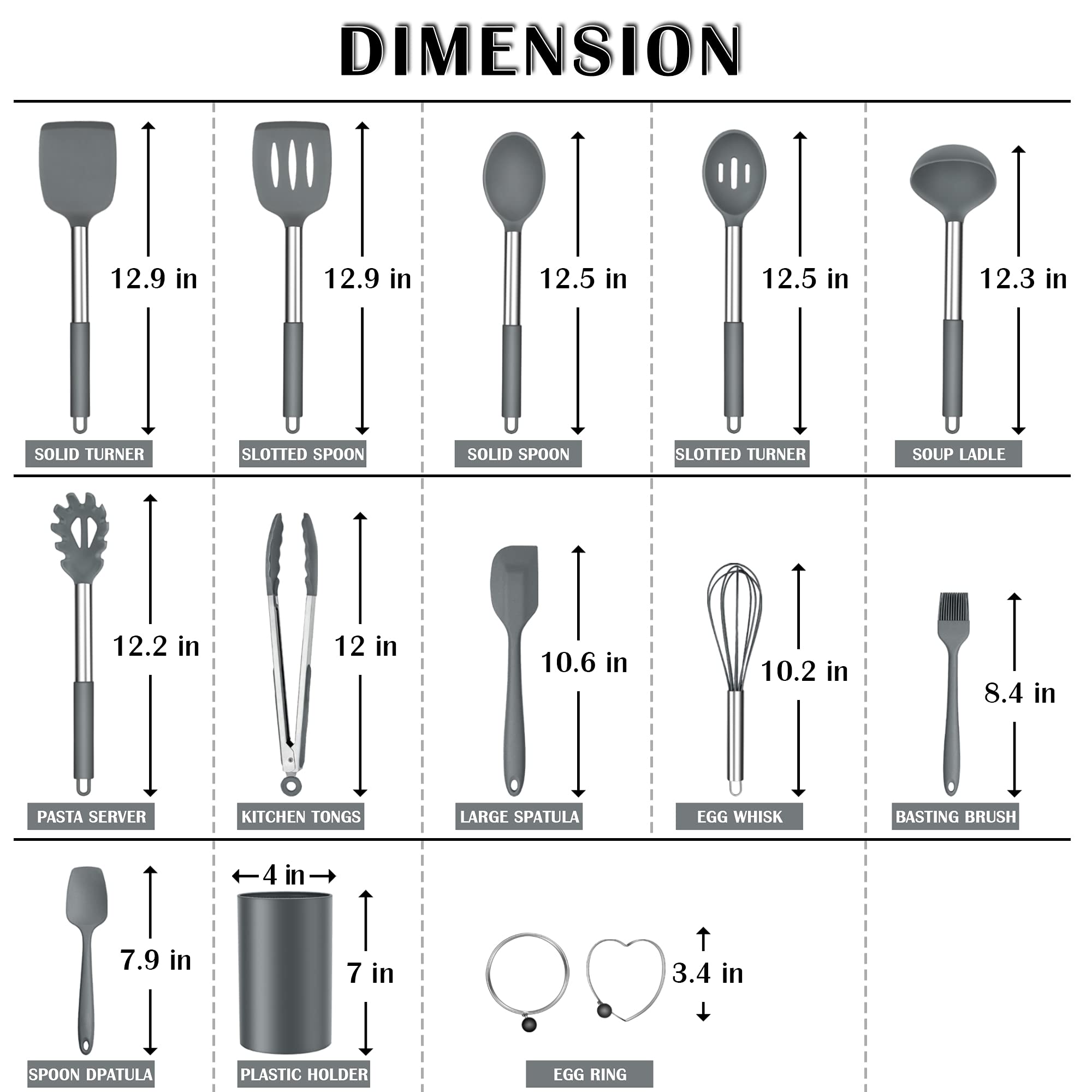 Silicone Cooking Utensils Set, E-Far 14-Piece Gray Kitchen Utensils Set With Holder, Kitchen Tools Spatulas With Stainless Steel