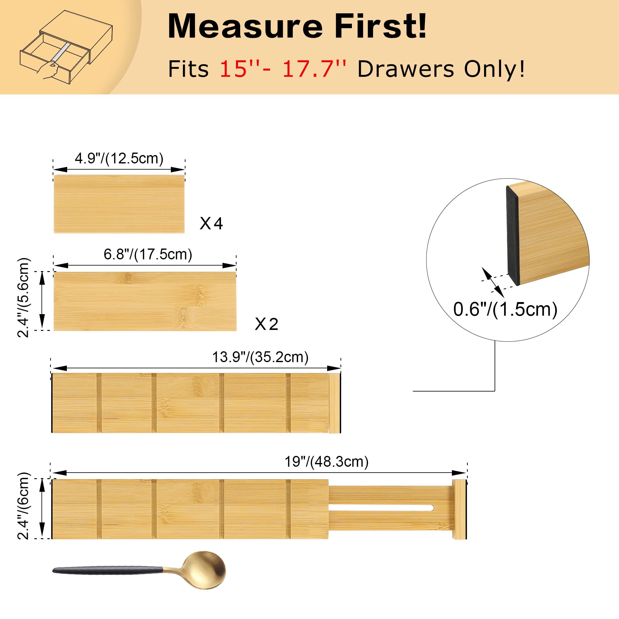 Utoplike Bamboo Drawer Dividers with Inserts, 4 pcs Adjustable Kitchen Drawer Organizers, Expandable Wooden Drawer Organization