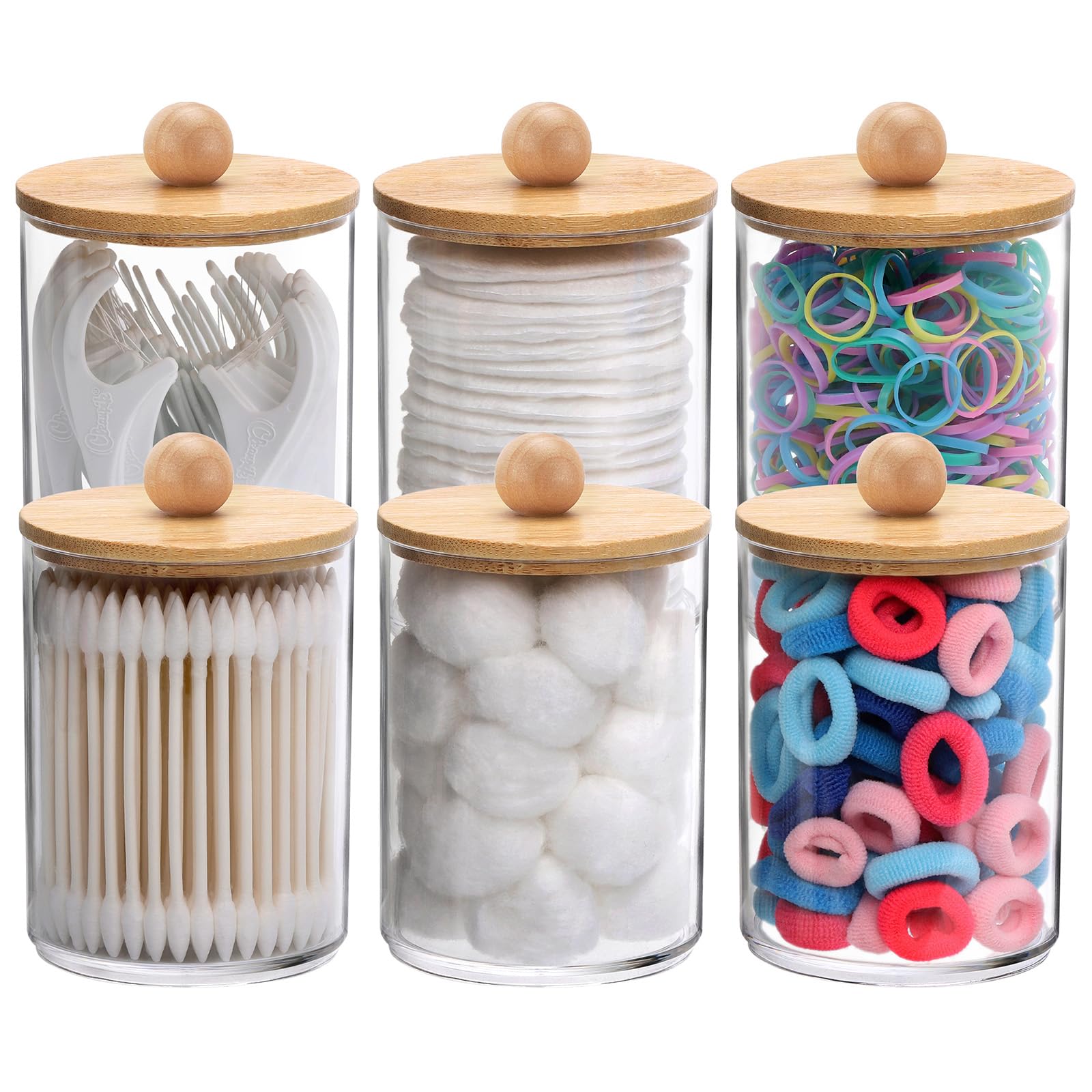 Tbestmax 6 Pack Qtip Holder, 10-Ounce Apothecary Jars With Bamboo Lids For Cotton Ball Swab Pad Dispenser, Bathroom Canisters Or