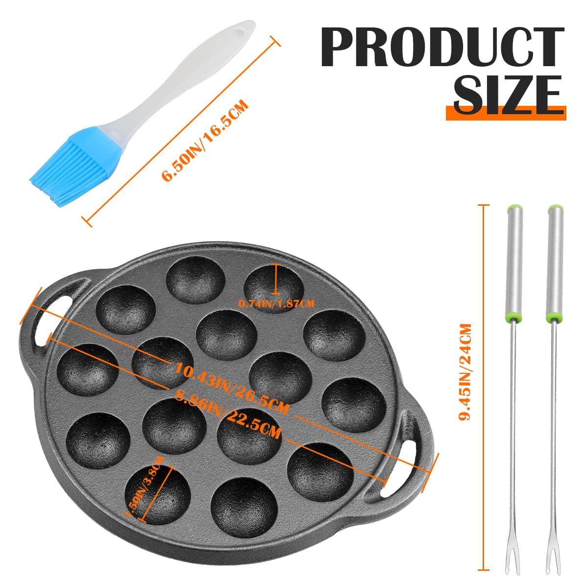 Escargot Dish Cast Iron Takoyaki Mushroom Plate With 15 Compartment Holes, Octopus Ball Maker With Forks And Brush For Snails, B