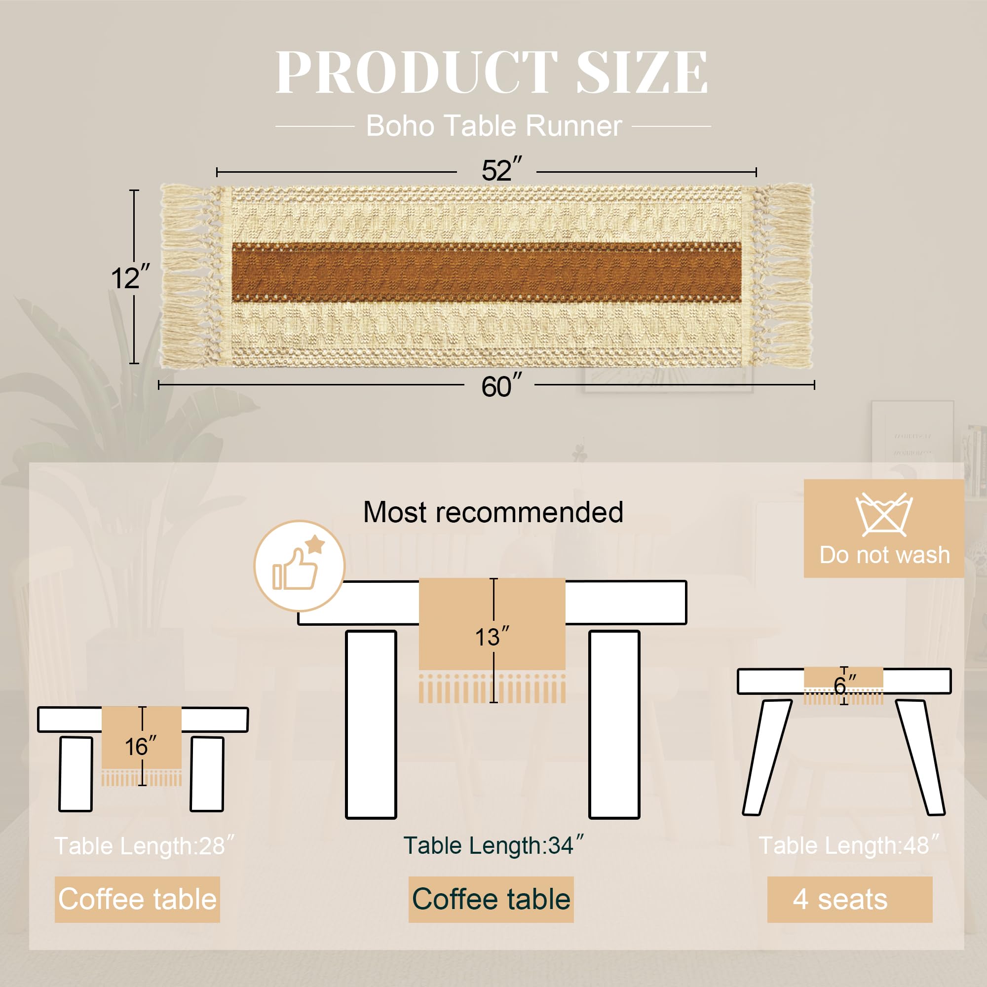 FEXIA Boho Table Runner for Home Decor with Tassels 60 Inches Long,Caramel Farmhouse Rustic Table Runner Macrame Burlap Table De