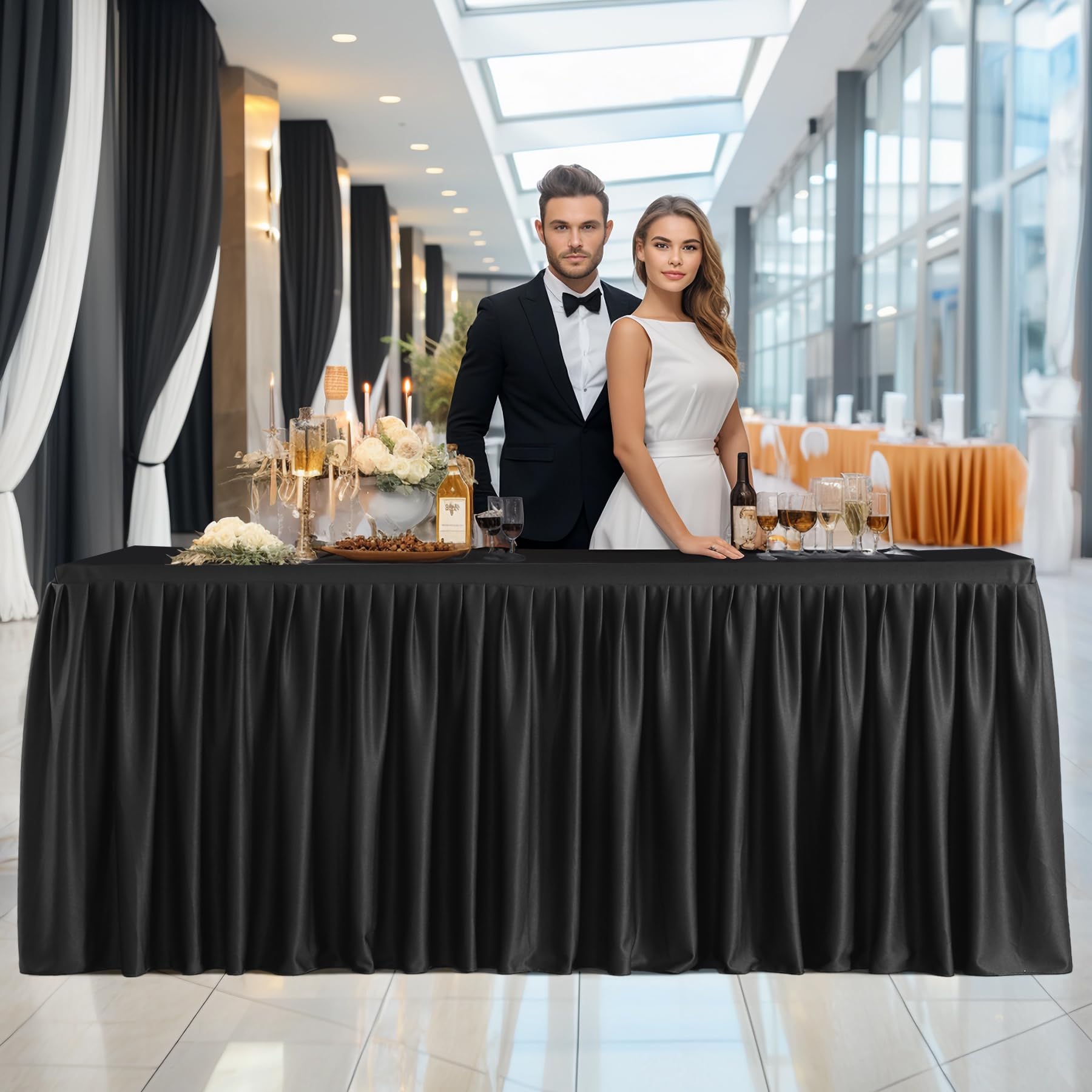 3 Pack Black Polyester Table Clothes For 6 Foot Rectangle Tables, Wrinkle Free Fitted Table Cover With Pleated Ruffle Table Skir