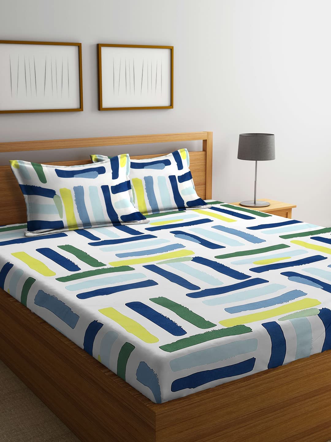 T Tungol Cotton Feel Glace Cotton Elastic Fitted Printed King Size Double Bed Bedsheet With 2 Pillow Cover (72X78X6,Fits Upto