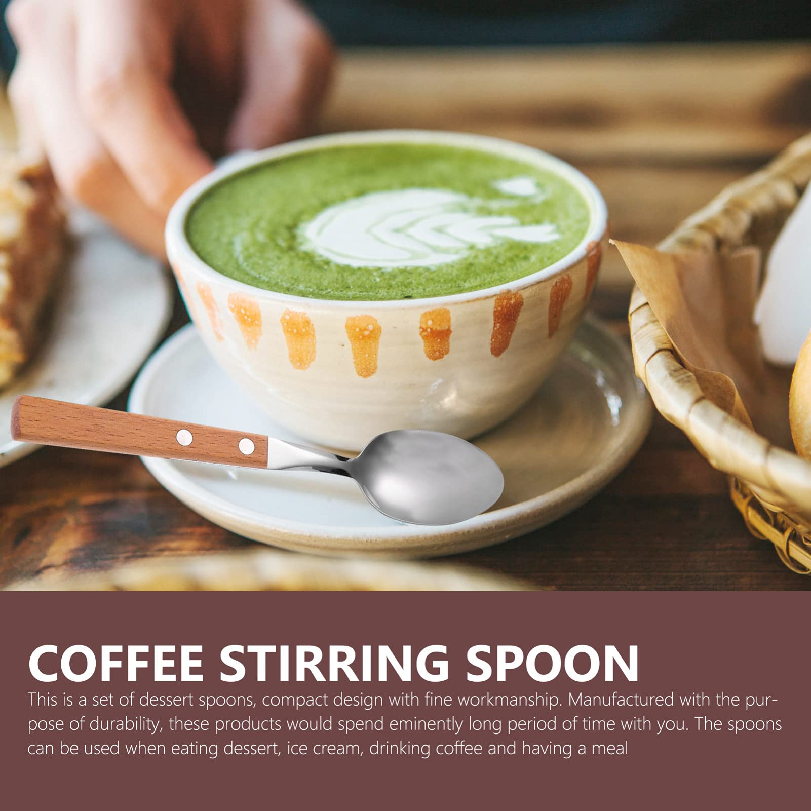 Hemoton 5Pcs Stainless Steel Coffee Spoons Wood Handle Tea Spoons Dessert Ice Cream Cake Tasting Spoon Dinner Spoon For Home Kit