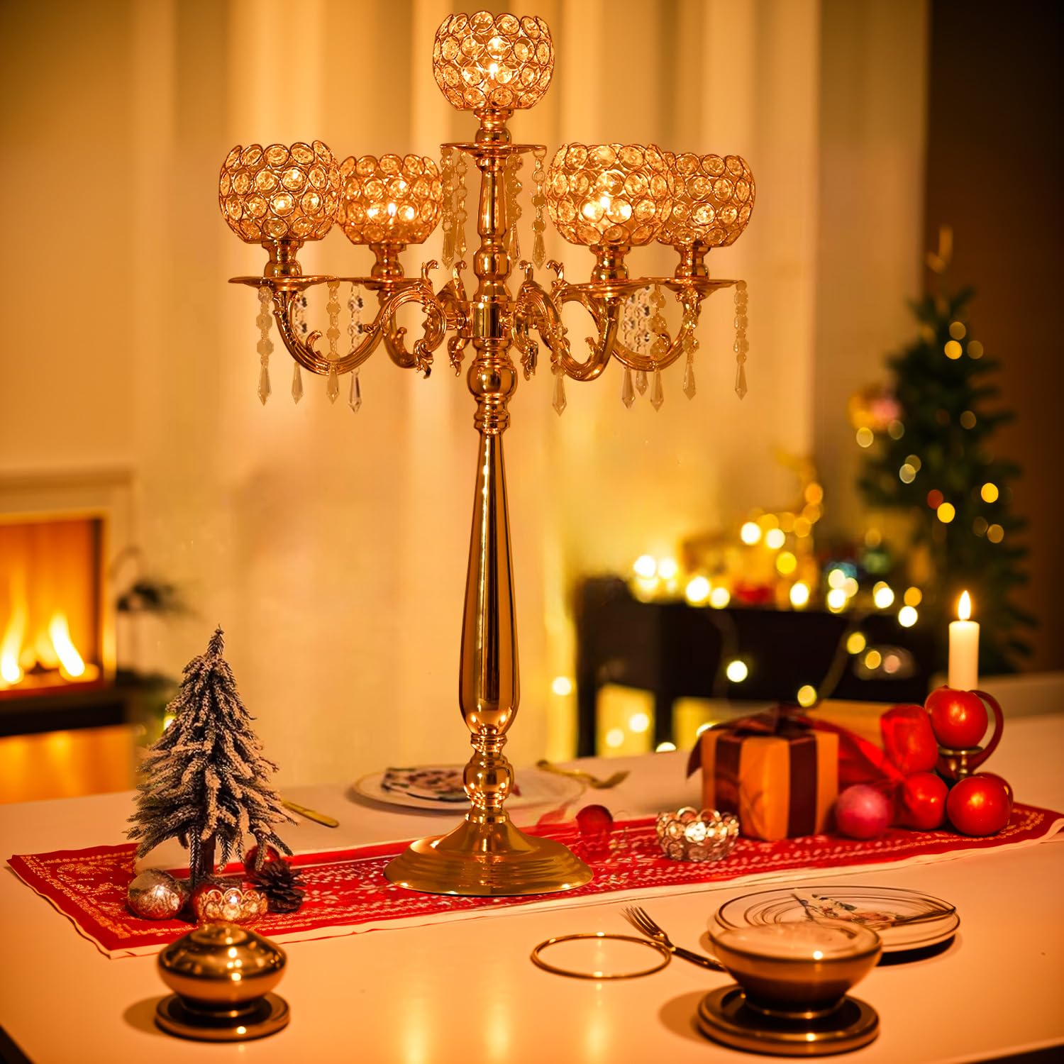 Silver 5 Arm Candelabra Centerpieces for Tables,Crystal Candle Holder Hollow Engraved Party Table Centerpiece for Weddings,Chris