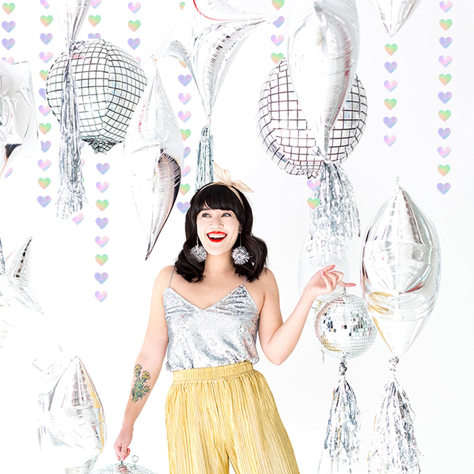 Panduola Iridescent Disco-Holographic Heart Garland - 52Ft Wedding Hanging Decoration Neon Streamers Banner, Perfect for Bridal