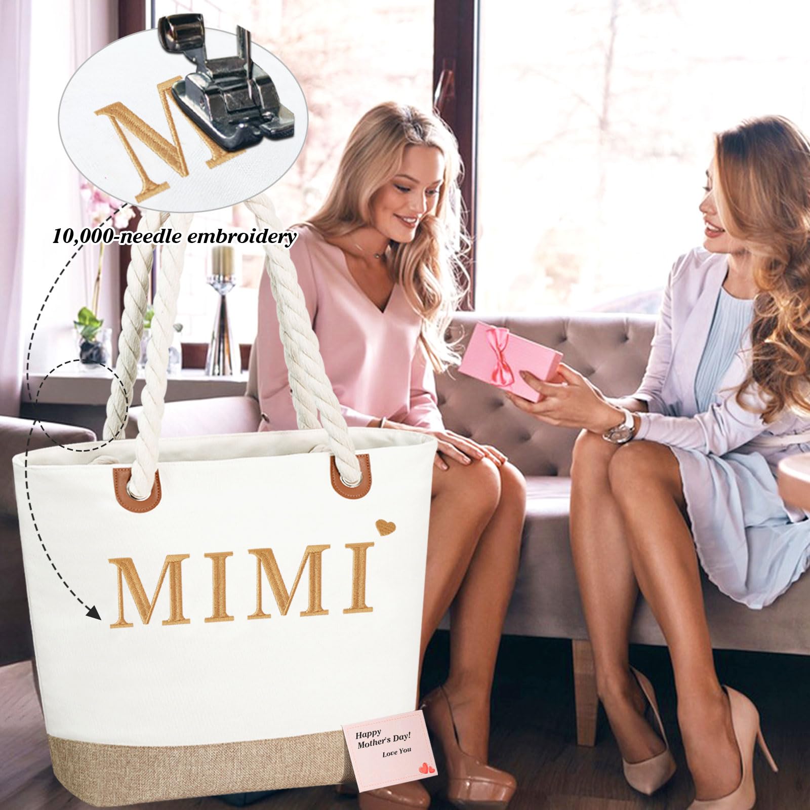 GhvyenntteS Mimi Gifts, Birthday Gifts for Mimi, Mimi Bag with Zipper, Personalized Beach Tote Bag - Perfect for Birthday, Mothe
