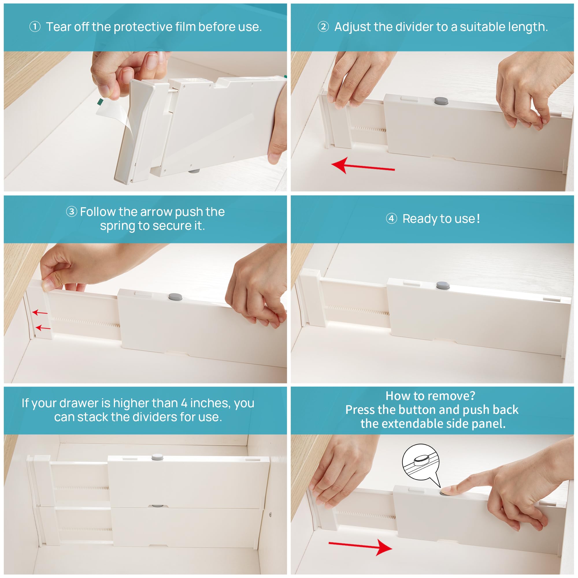 Vtopmart Drawer Dividers for Clothes 6 Pack, Adjustable 4'' High Expandable from 11.6''-17'' Dresser Drawer Organizer, Plastic D