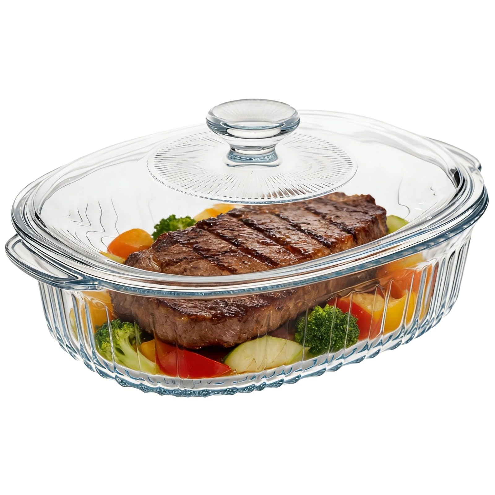 1.9 QT Oval Glass Casserole Dish with Lid and Handle, Clear Borosilicate Glass Baking Dish, Oven & Fridge Safe, EasytoClean Ca