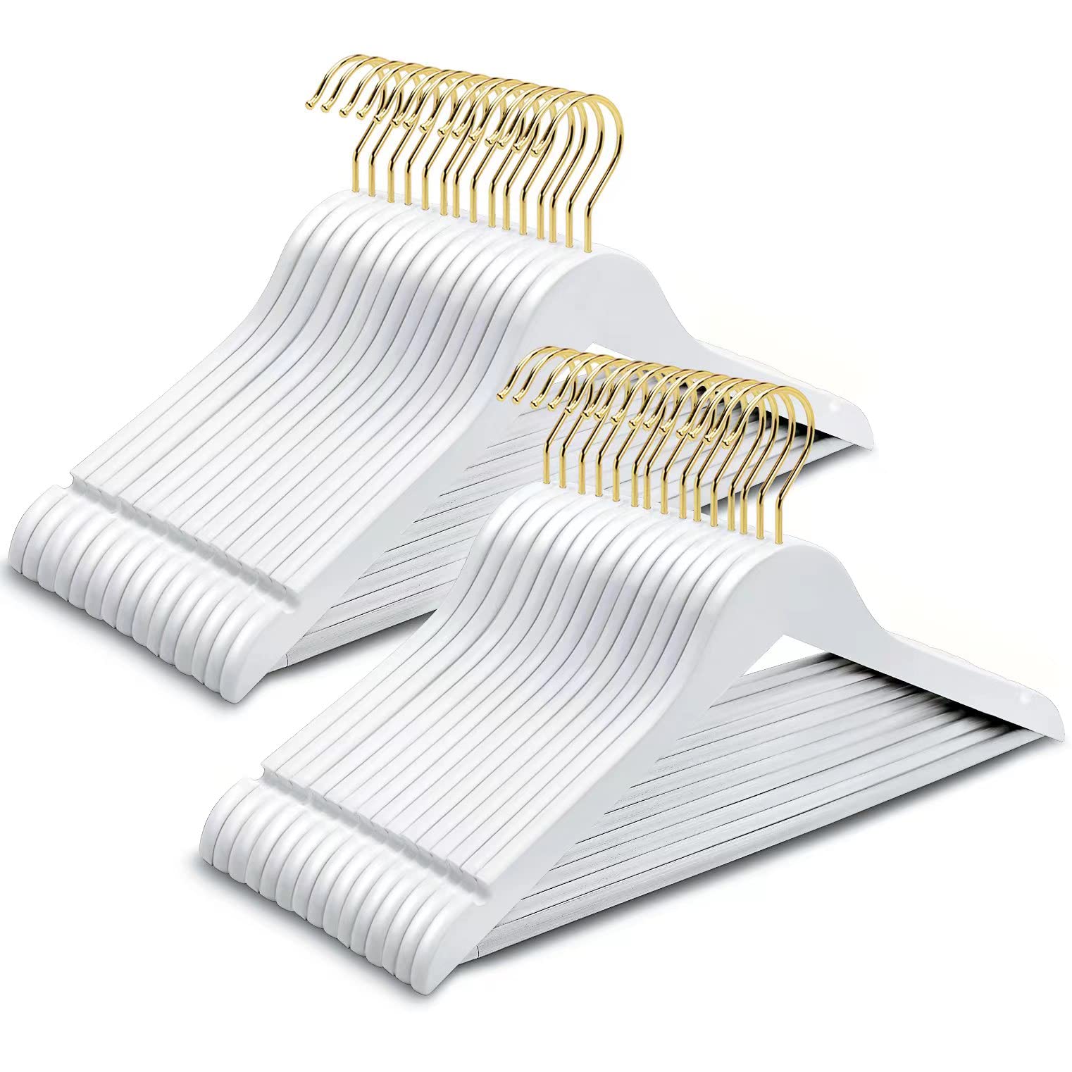 Amber Home Solid Wood Suit Coat Hangers 30 Pack, Smooth White Finish Wooden Dress Hangers With Non Slip Pant Bar, Clothes Hanger
