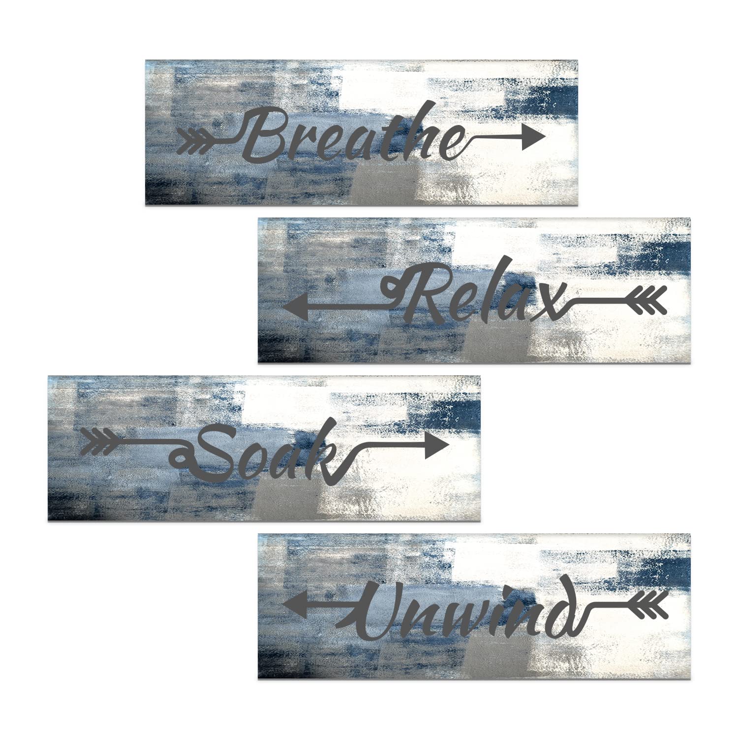 Lnond 4 Pieces Blue Abstract Bathroom Wall Art, Relax Soak Unwind Breathe Bathroom Signs Decor, Wood Hanging Bathroom Wall Art f