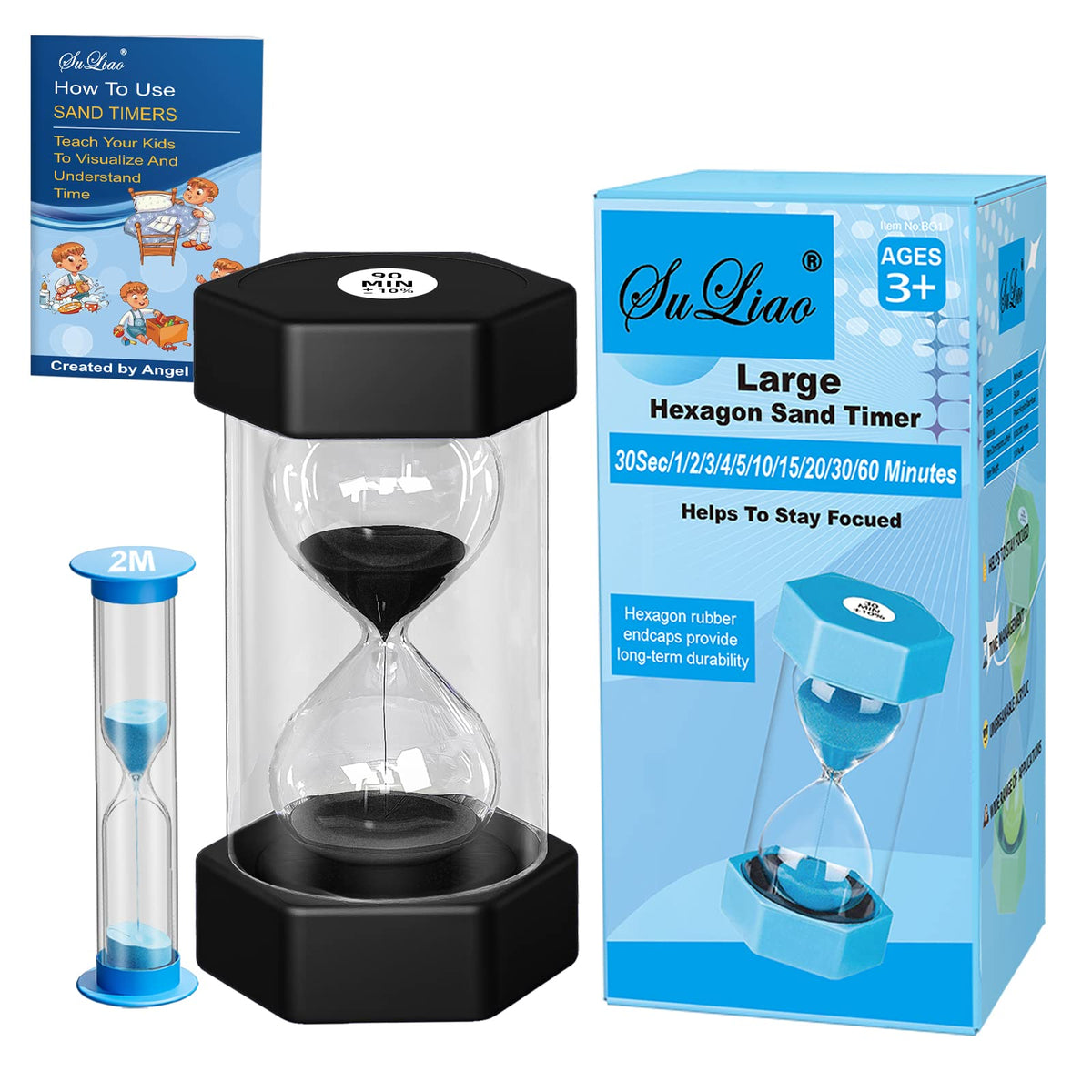 Suliao Hourglass 90 Minute Sand Timer For Kids, Large 6.3 Inch Unbreakable Sand Clock, Blue Plastic Sand Watch 90 Min, Colorful